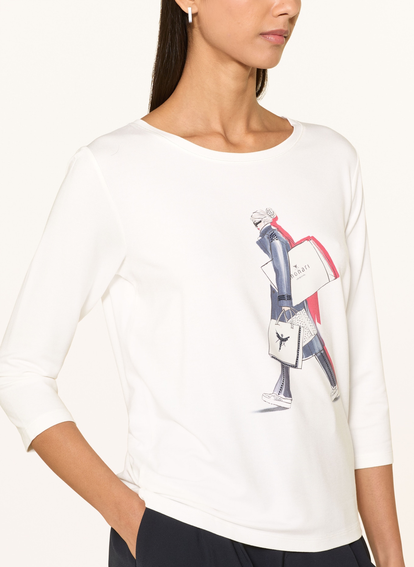 monari Longsleeve mit 3/4-Arm und Schmucksteinen: WEISS / GRAU / ROT