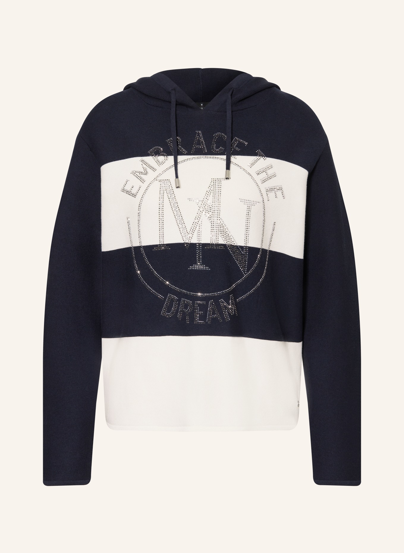 monari Strick-Hoodie mit Schmucksteinen: DUNKELBLAU / WEISS