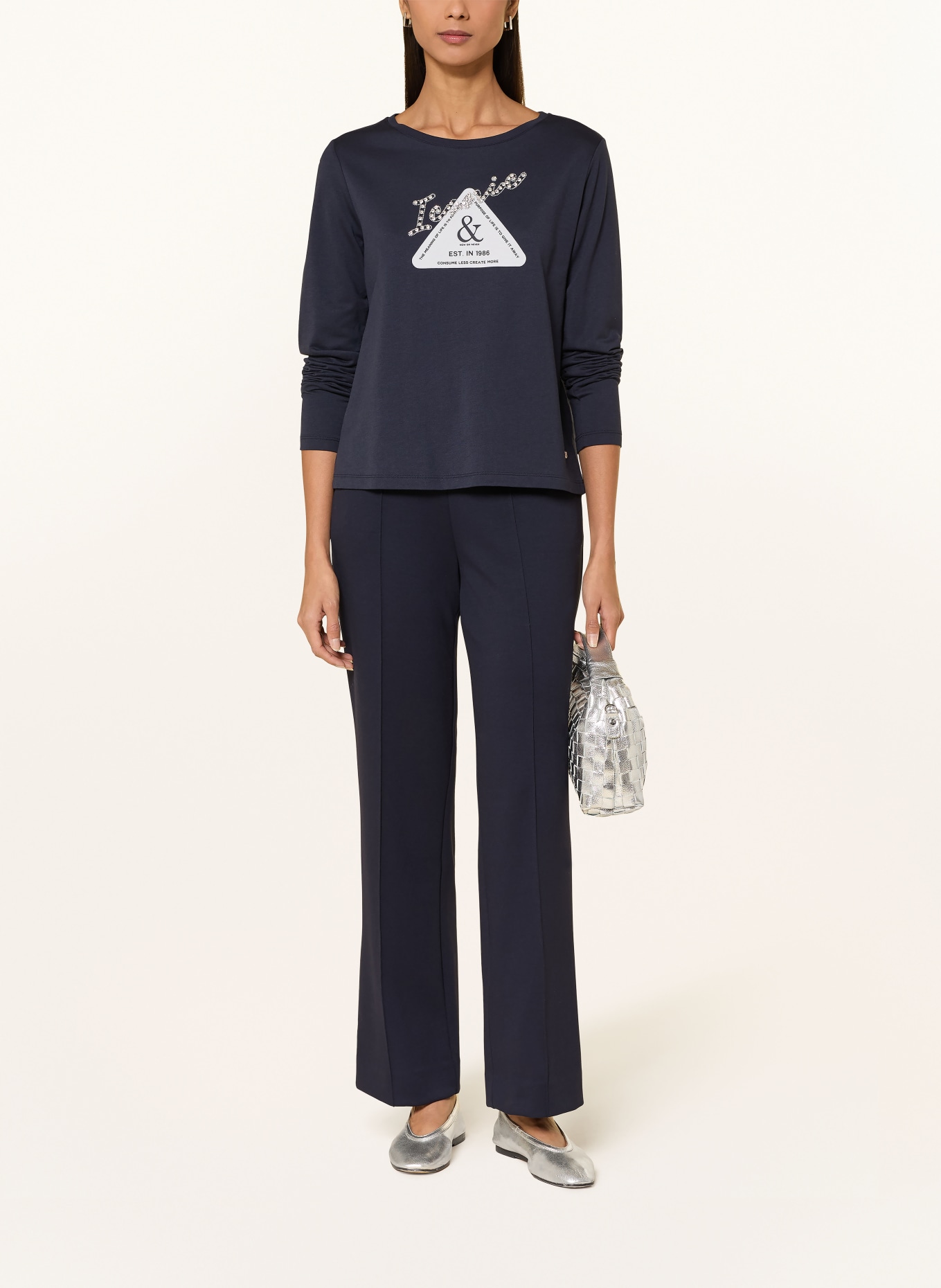 monari Longsleeve mit Schmucksteinen: DUNKELBLAU / WEISS