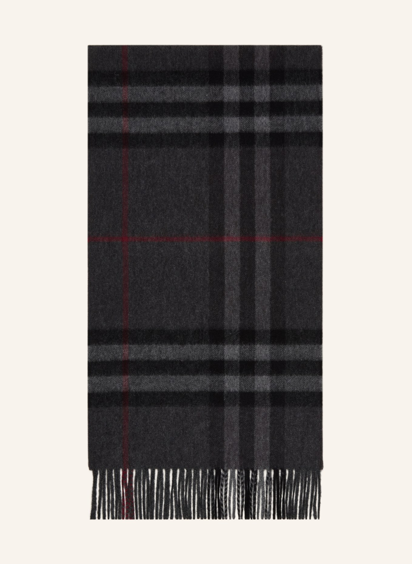 BURBERRY Kašmírový šál: TMAVĚ ŠEDÁ / ŠEDÁ / TMAVĚ ČERVENÁ