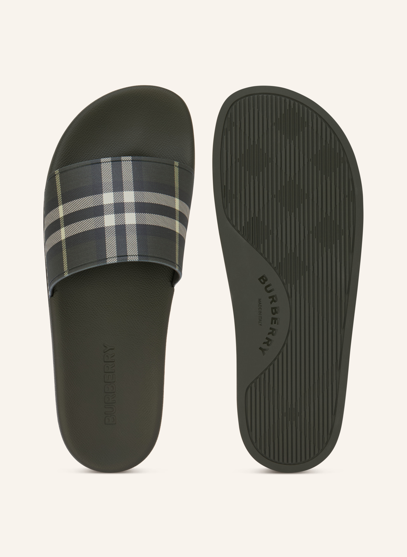 BURBERRY Pantoletten: KHAKI / CREME / HELLGRÜN
