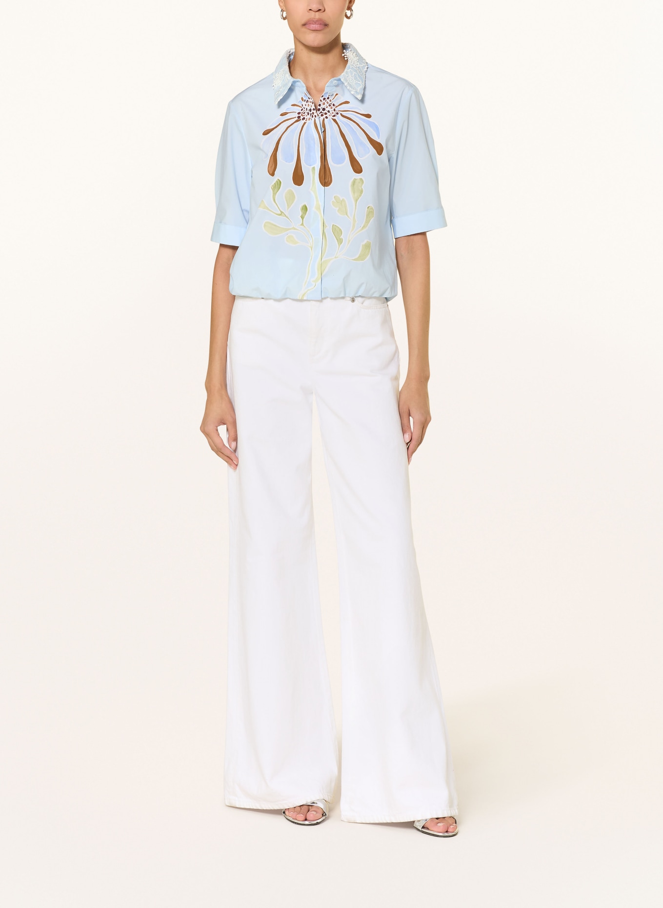 DOROTHEE SCHUMACHER FLORAL POWER shirt blouse with lace: LIGHT BLUE / BROWN / LIGHT GREEN