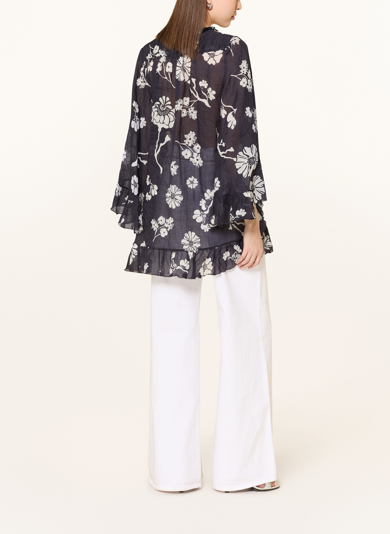 DOROTHEE SCHUMACHER Blůza FLORAL DAYDREAM s 3/4 rukávy a volány: TMAVĚ MODRÁ / REŽNÁ