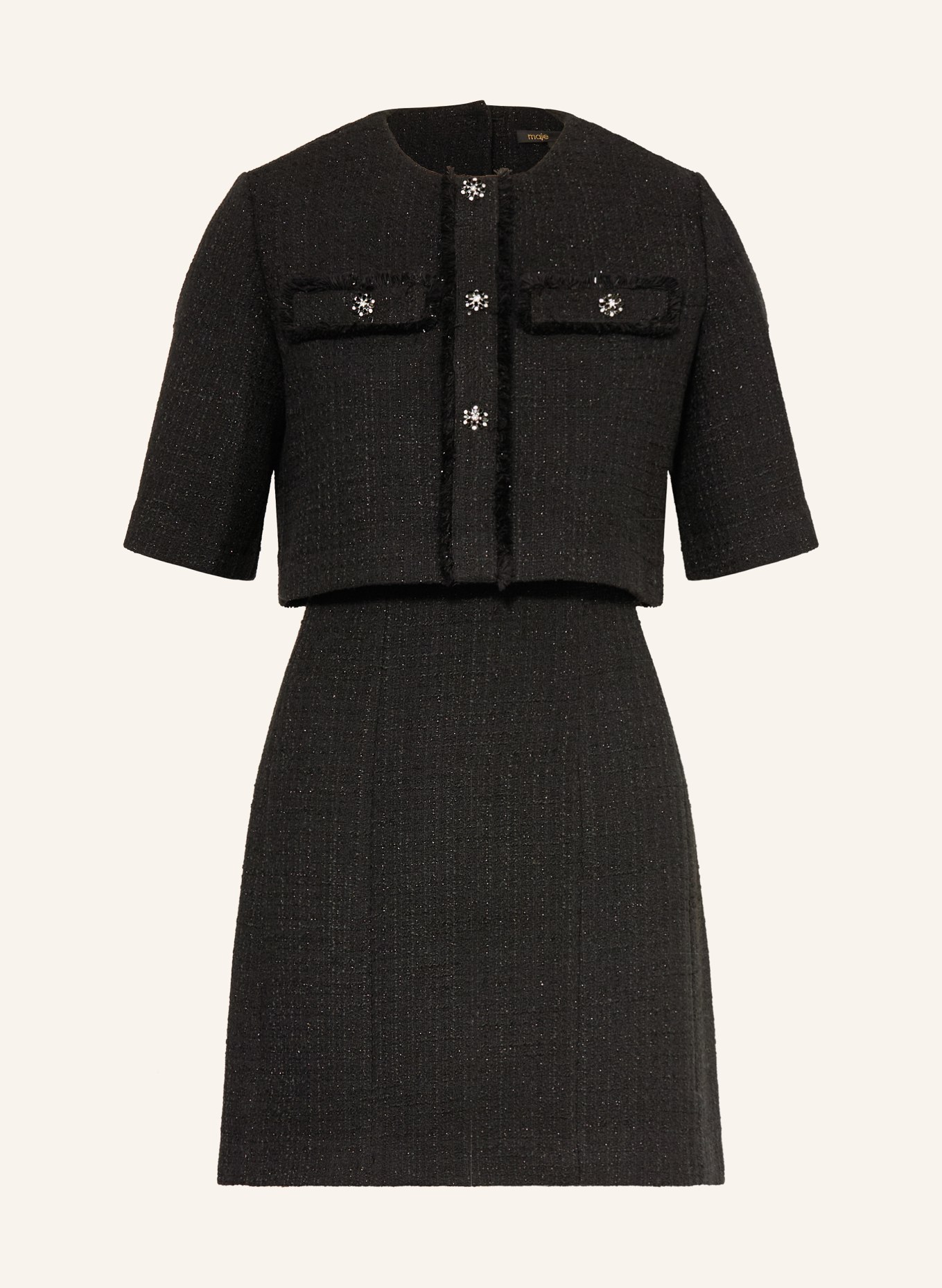 maje Zestaw: sukienka z tweedu i żakiet z tweedu z błyszczącą nicią i kamieniami ozdobnymi: CZARNY
