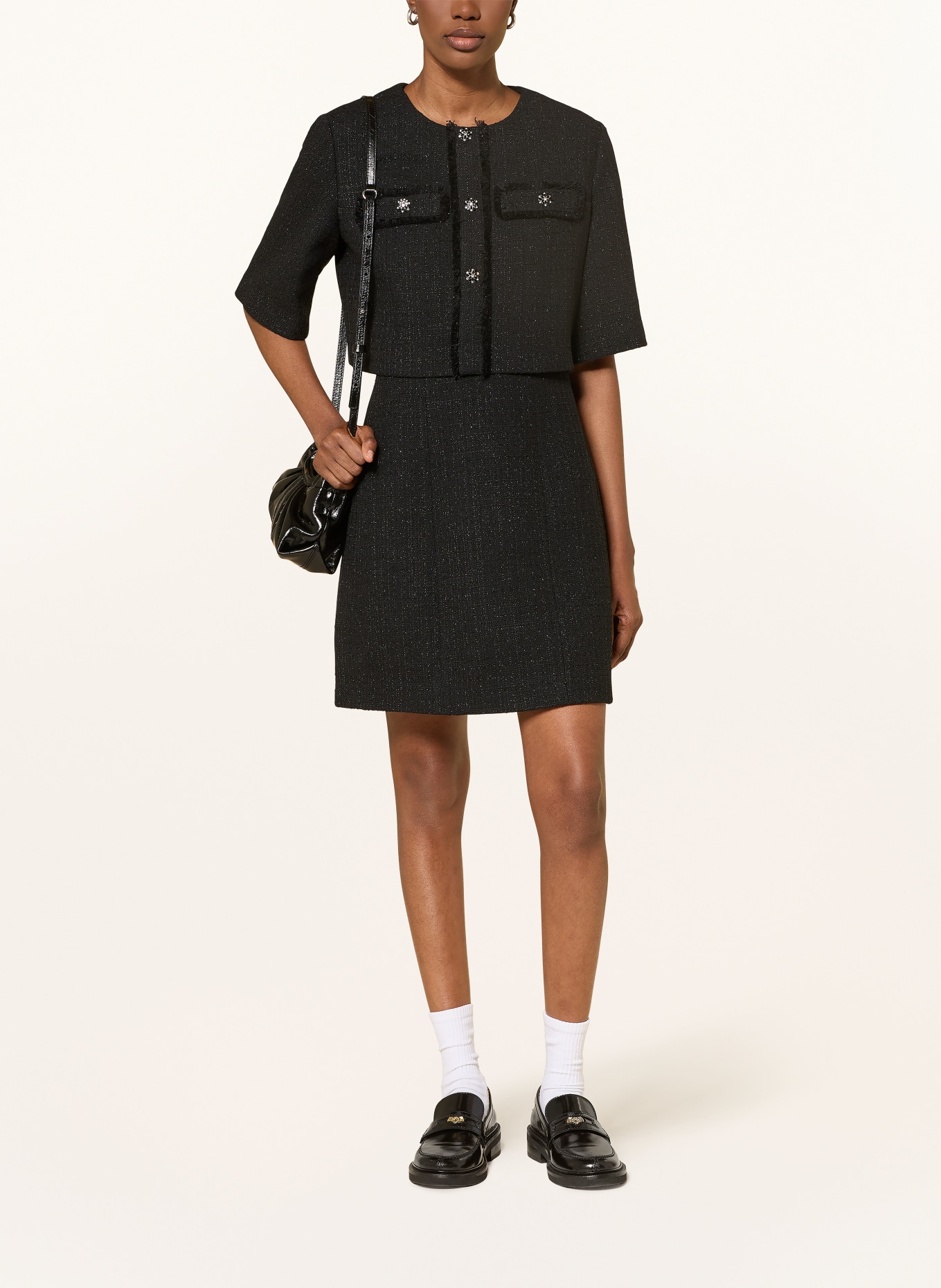 maje Zestaw: sukienka z tweedu i żakiet z tweedu z błyszczącą nicią i kamieniami ozdobnymi: CZARNY