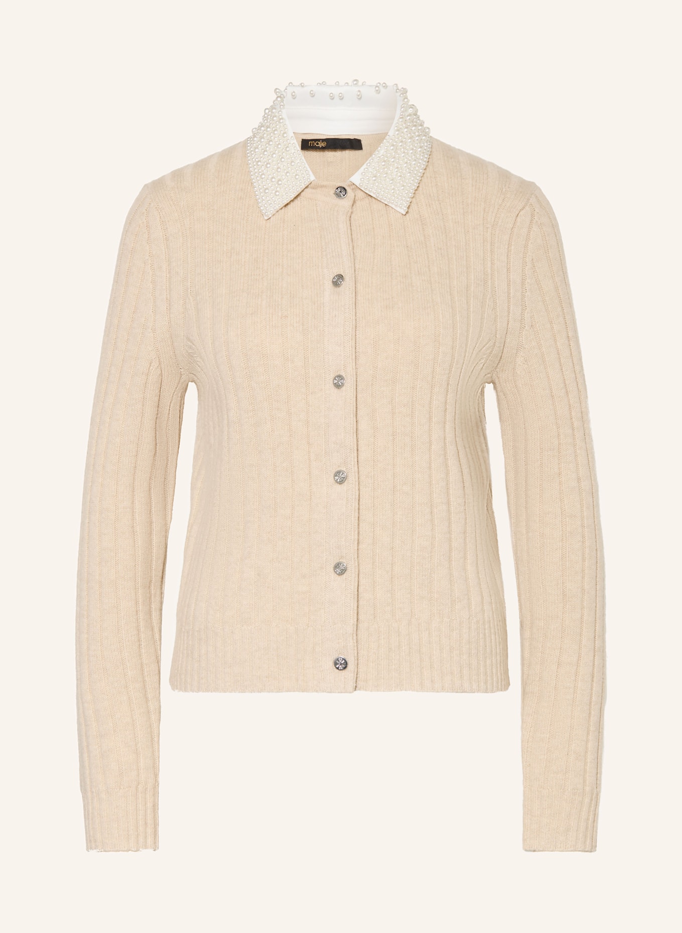 maje Sweter z odpinanym kołnierzem i ozdobnymi perełkami: BEŻOWY