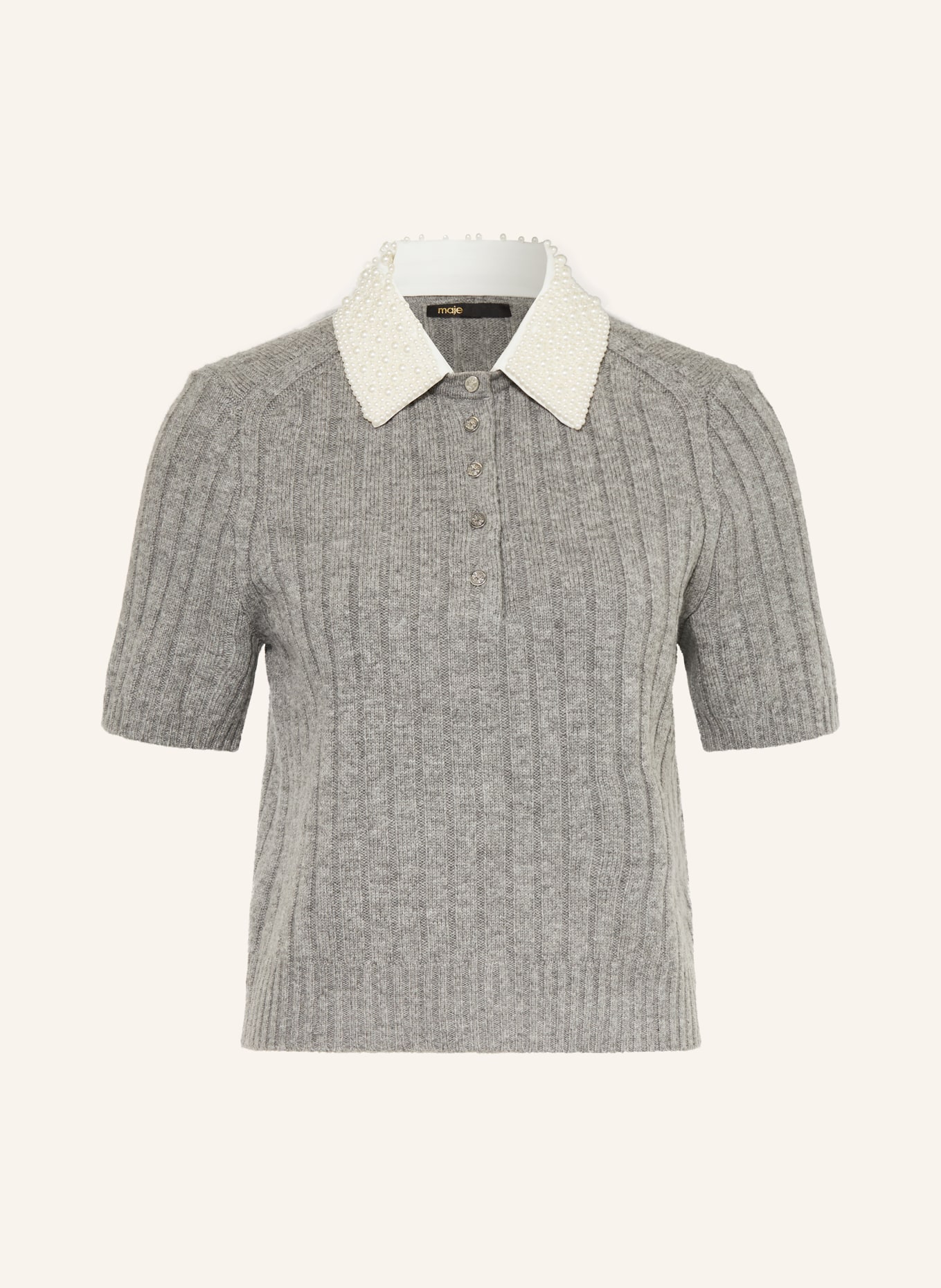 maje Strickshirt mit Schmuckperlen: GRAU / CREME