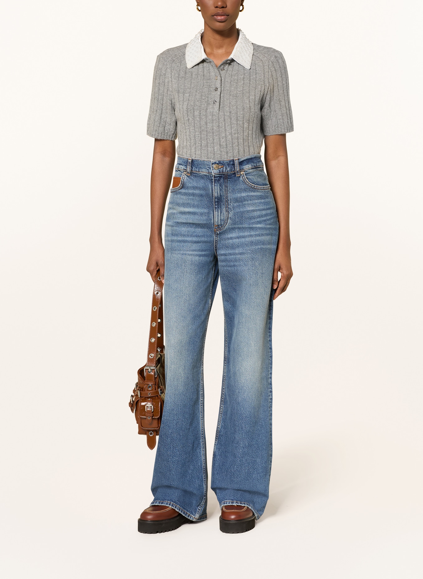 maje Strickshirt mit Schmuckperlen: GRAU / CREME