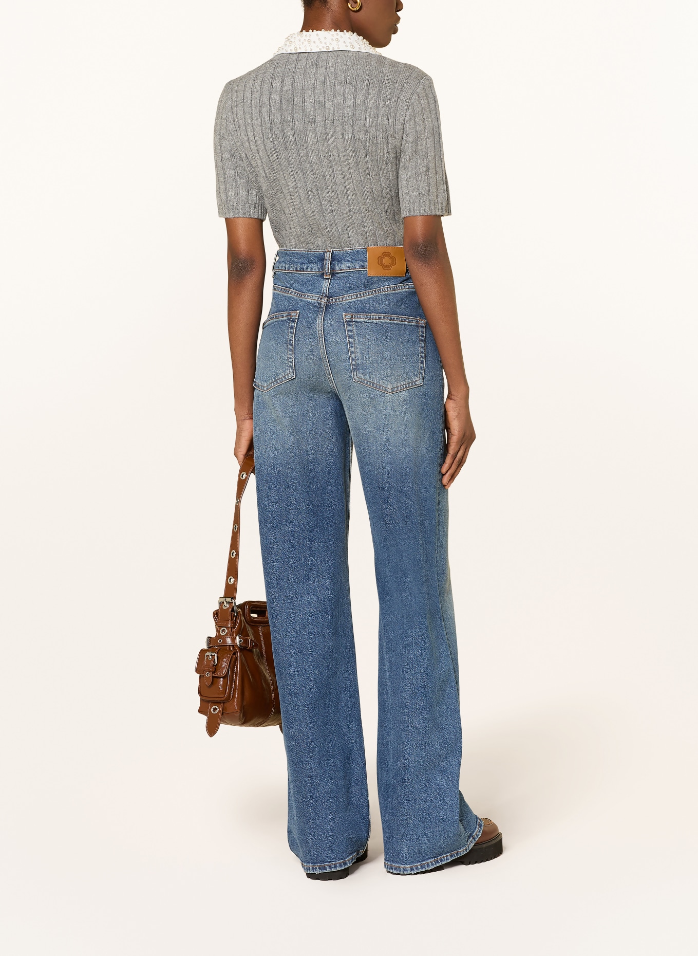 maje Strickshirt mit Schmuckperlen: GRAU / CREME