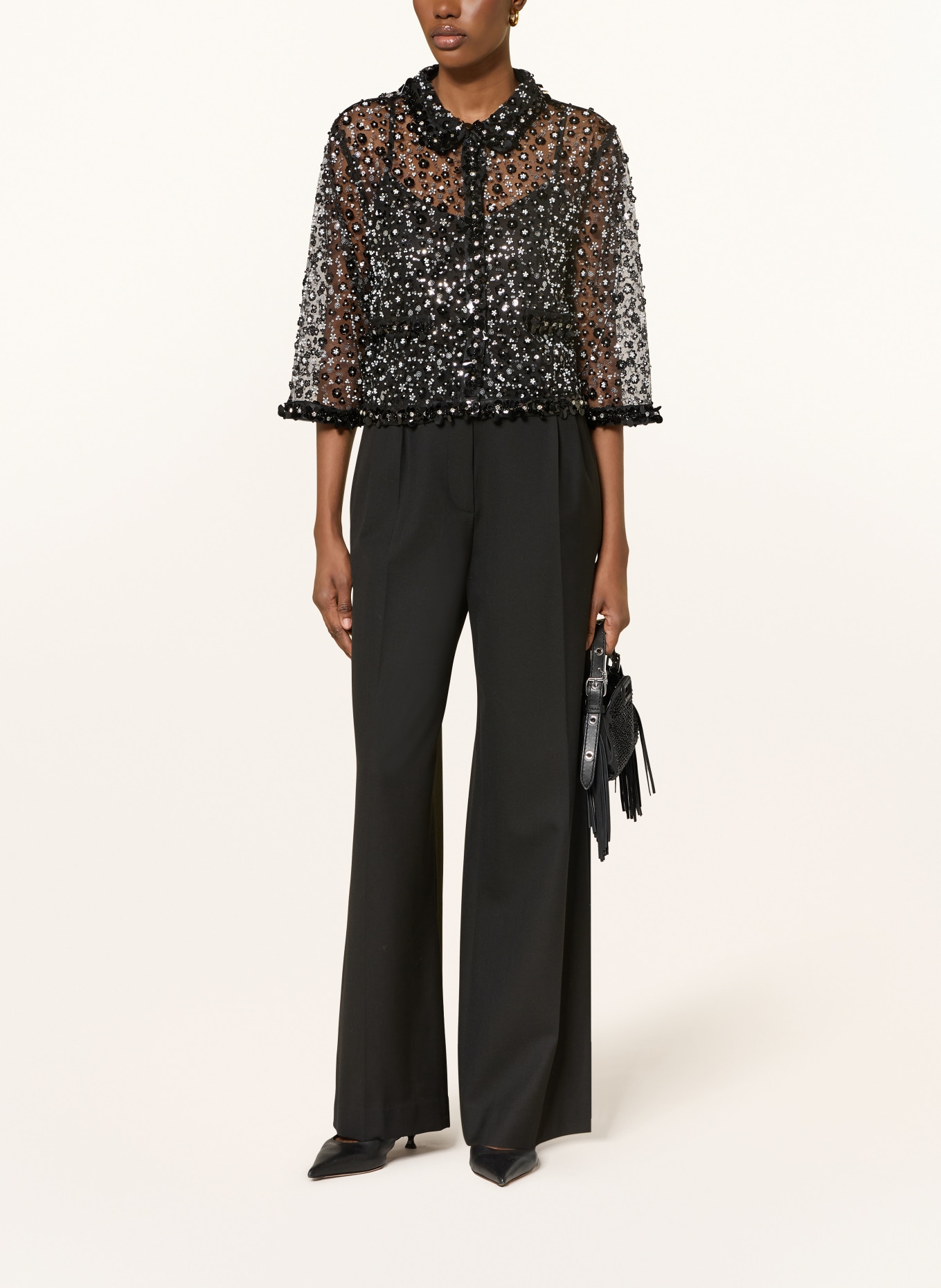 maje Zestaw: koszula z siateczki z ozdobnymi perełkami i top: CZARNY