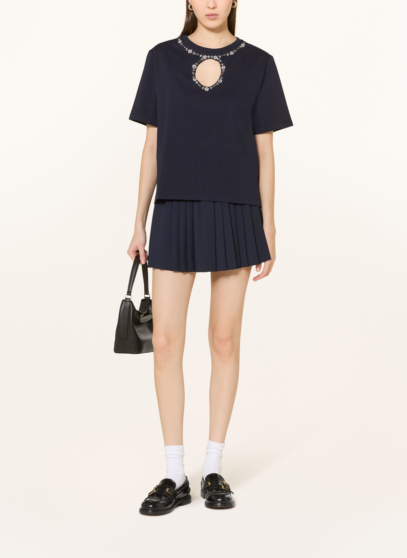 SANDRO Koszulka z kamieniami ozdobnymi i wycięciem: GRANATOWY