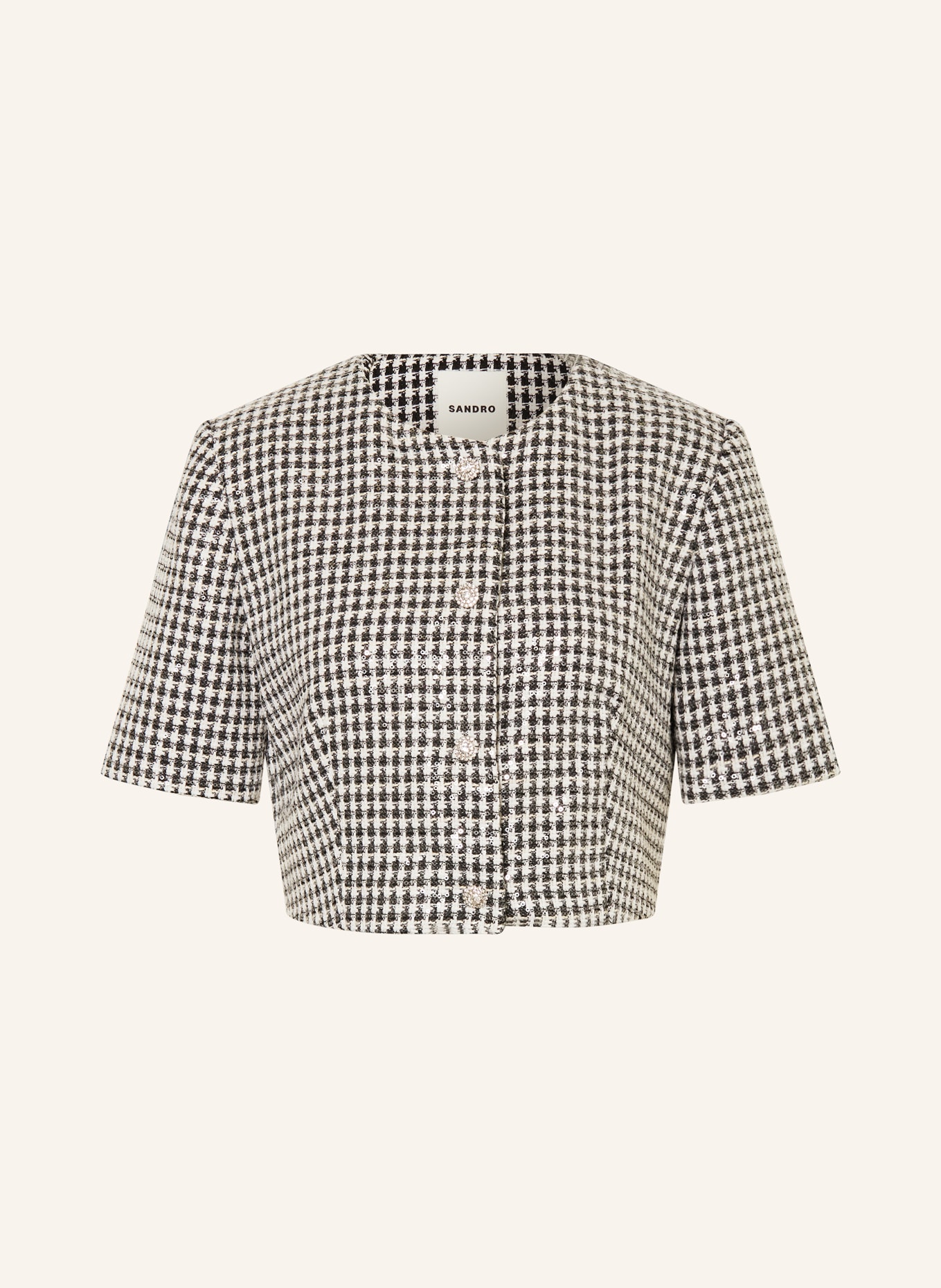 SANDRO Tweedowa marynarka z cekinami: CZARNY / ECRU