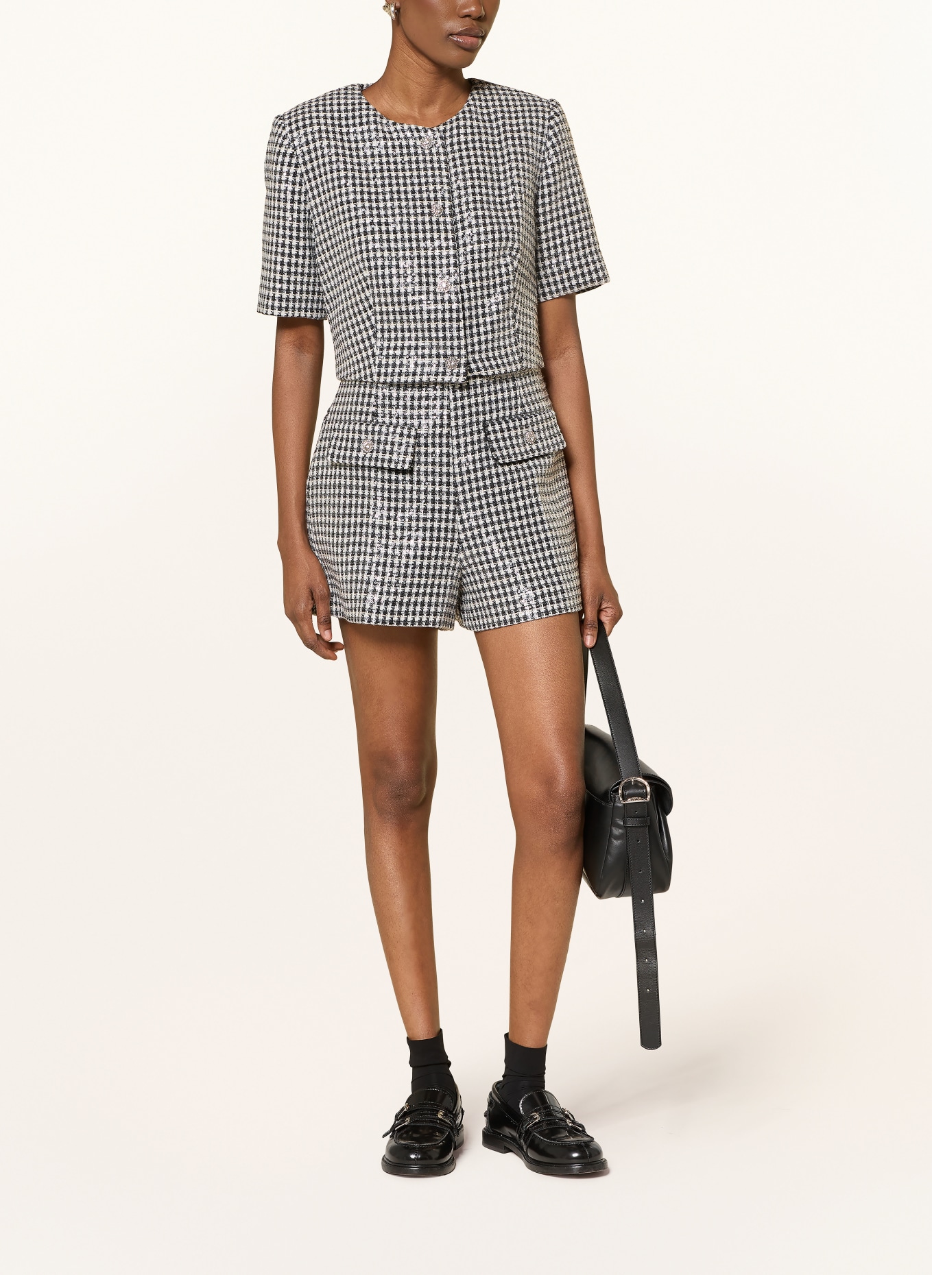 SANDRO Tweedowa marynarka z cekinami: CZARNY / ECRU