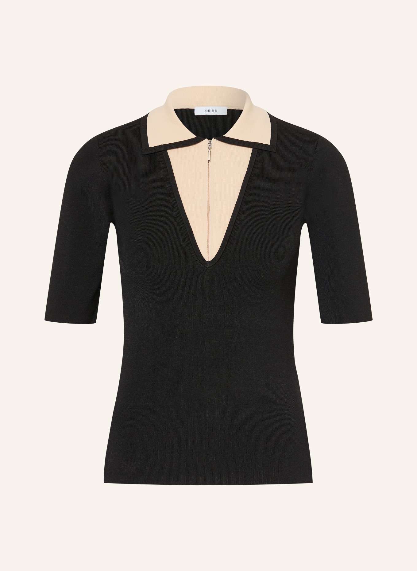 REISS knitted polo shirt: BLACK / BEIGE