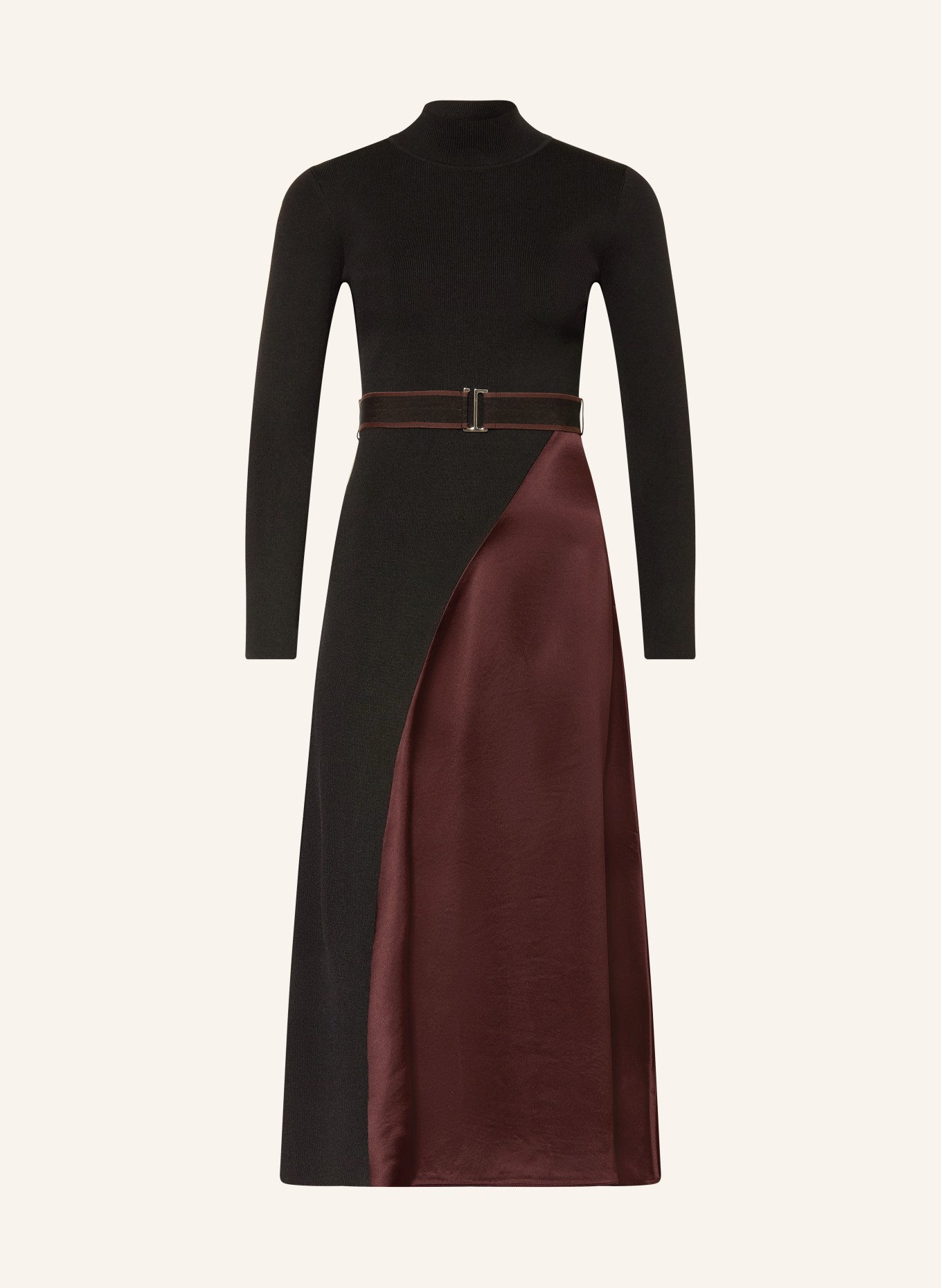 REISS MISTY dress in a mix of materials: BLACK / DARK BROWN