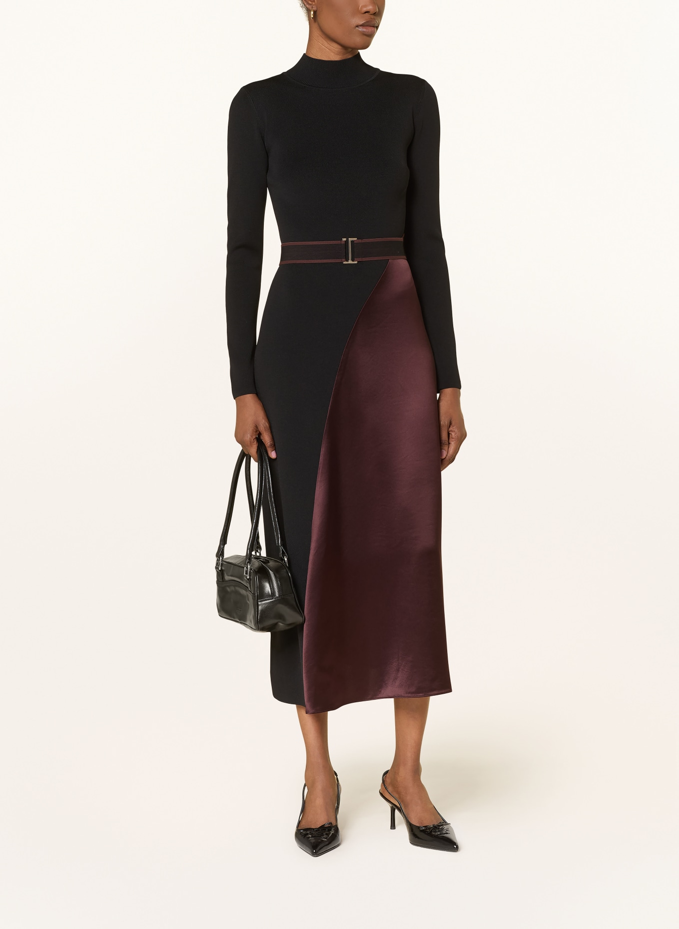 REISS MISTY dress in a mix of materials: BLACK / DARK BROWN