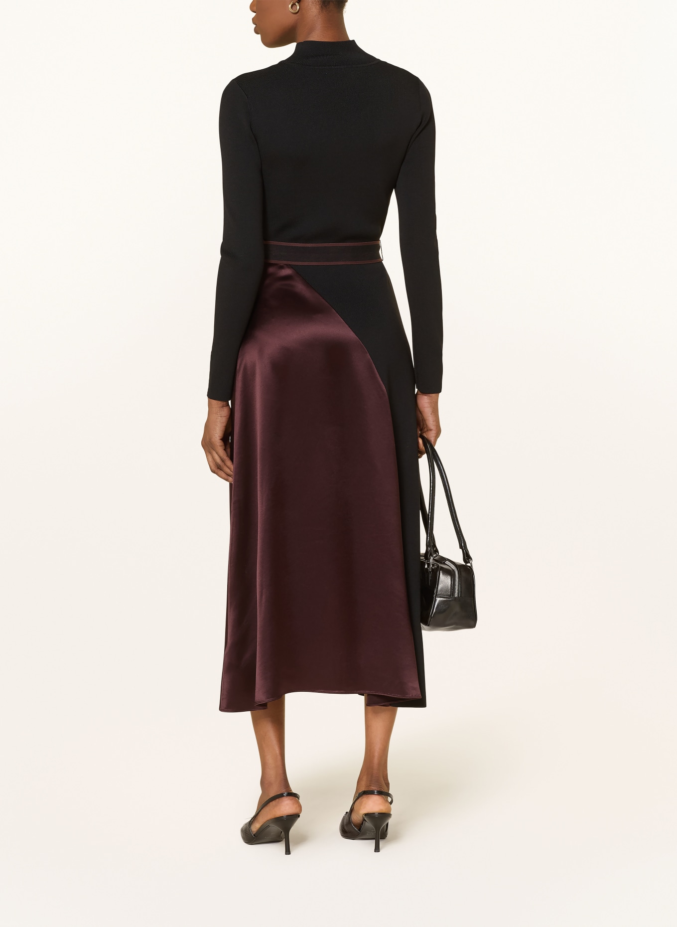 REISS MISTY dress in a mix of materials: BLACK / DARK BROWN