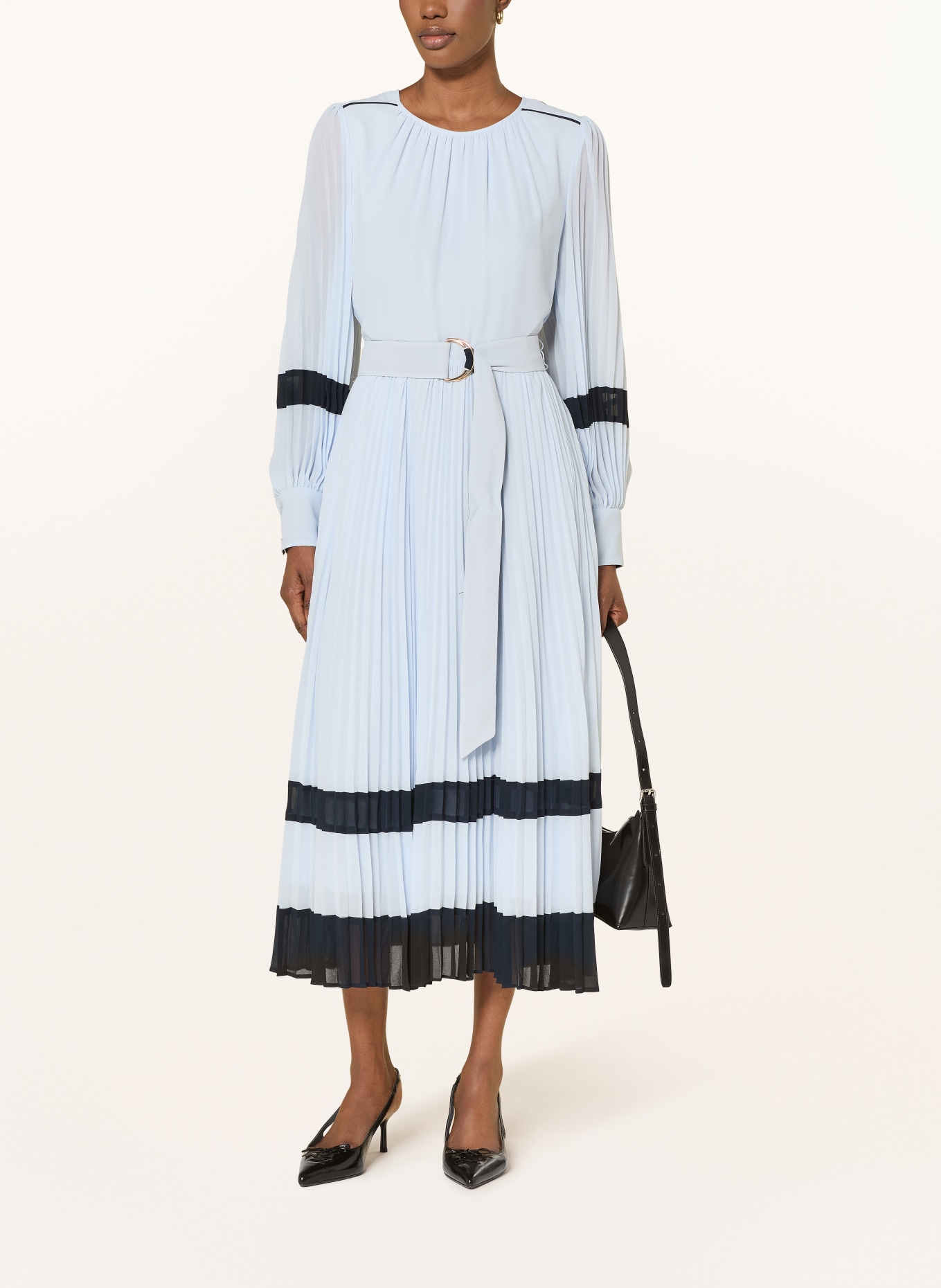 REISS TORI dress with pleats: LIGHT BLUE / DARK BLUE