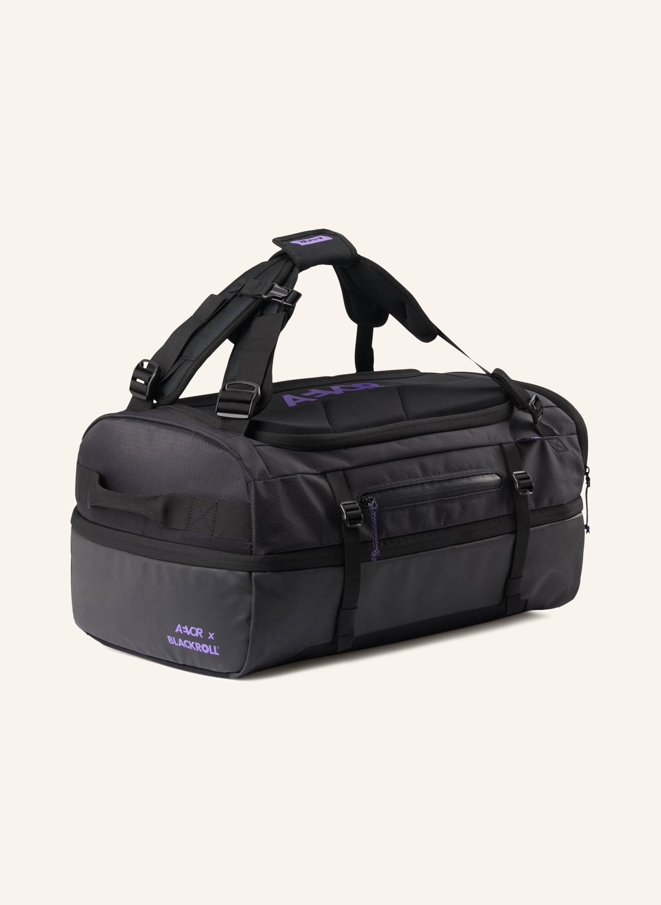 AEVOR Set: BLACKROLL sports bag and BLACKROLL TWIN fascia roller: BLACK / PURPLE
