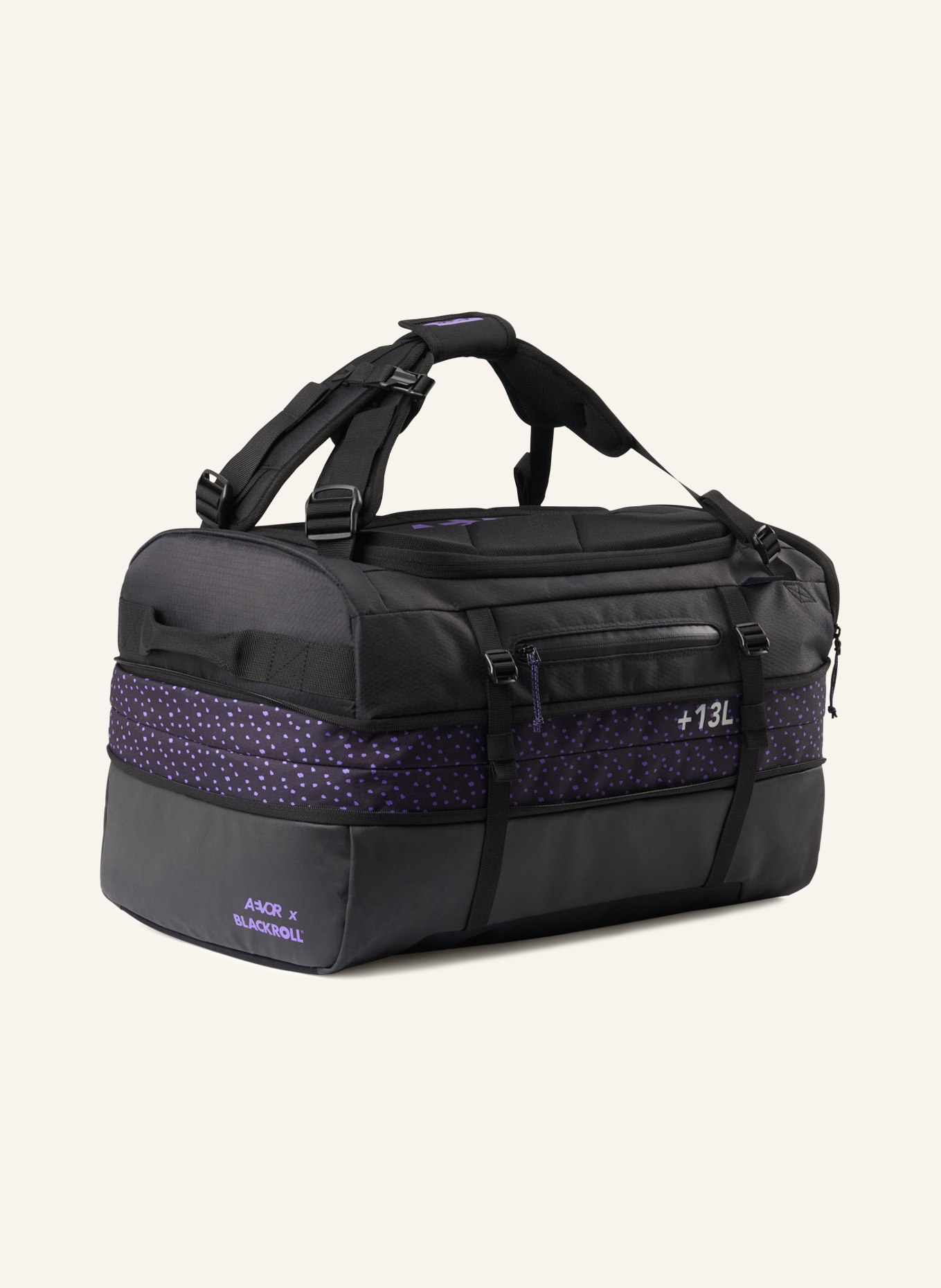 AEVOR Set: BLACKROLL sports bag and BLACKROLL TWIN fascia roller: BLACK / PURPLE
