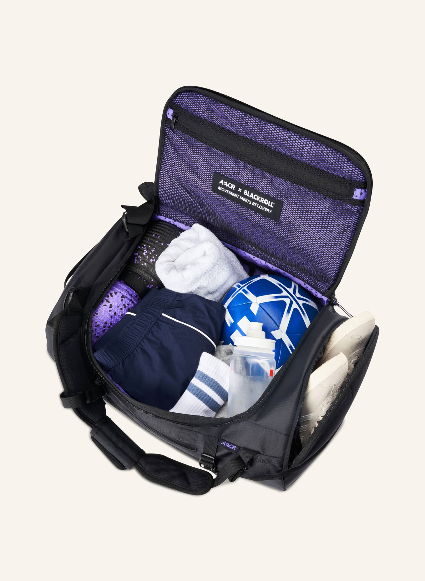 AEVOR Set: BLACKROLL sports bag and BLACKROLL TWIN fascia roller: BLACK / PURPLE