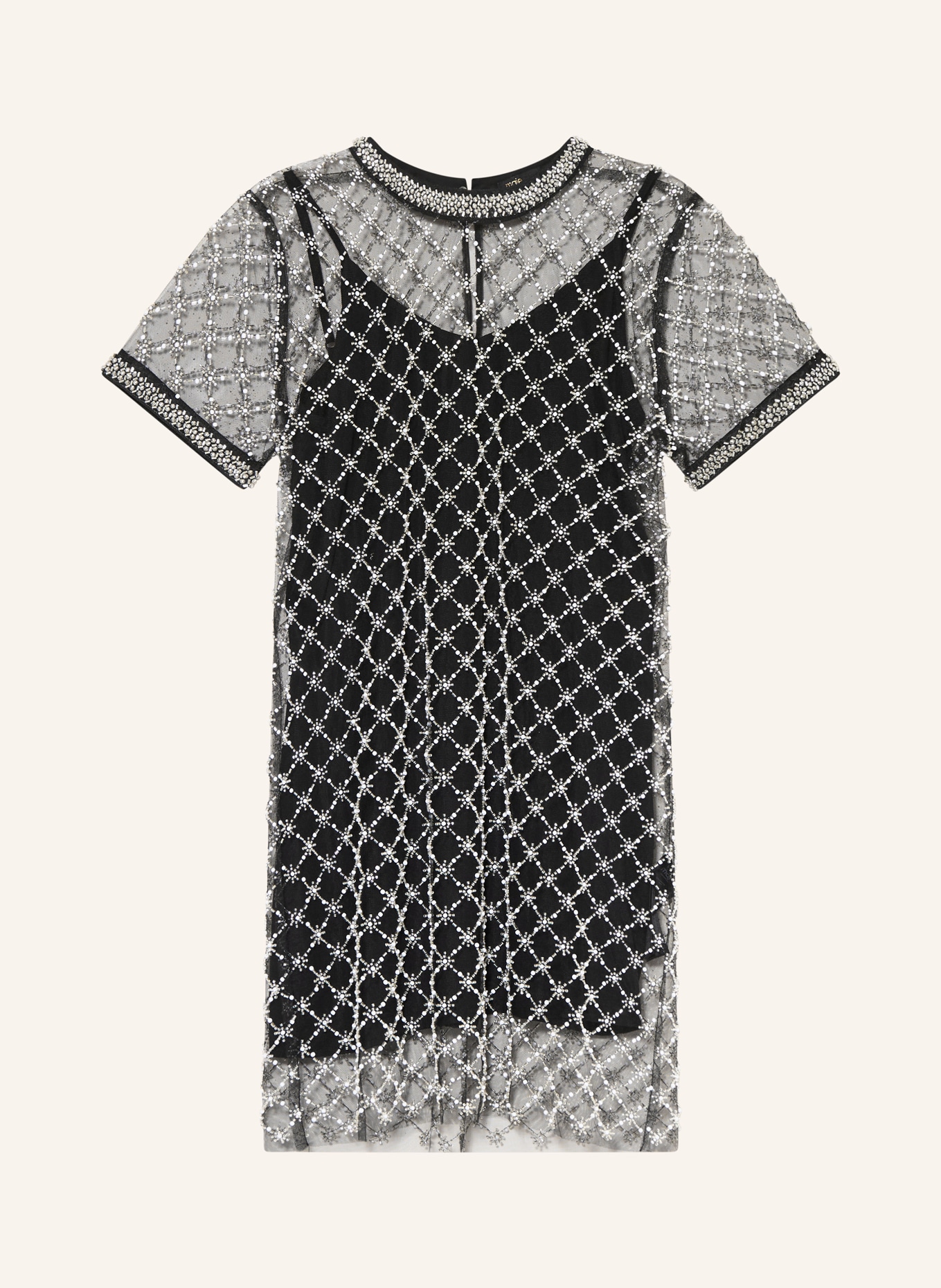 maje Mesh-Kleid mit Schmucksteinen und Schmuckperlen: WEISS / SCHWARZ