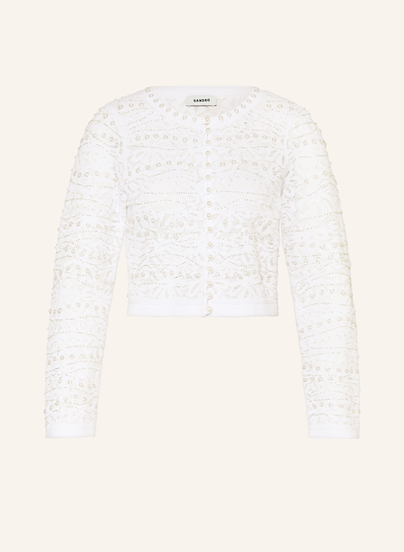 SANDRO Strickjacke mit Schmucksteinen: WEISS