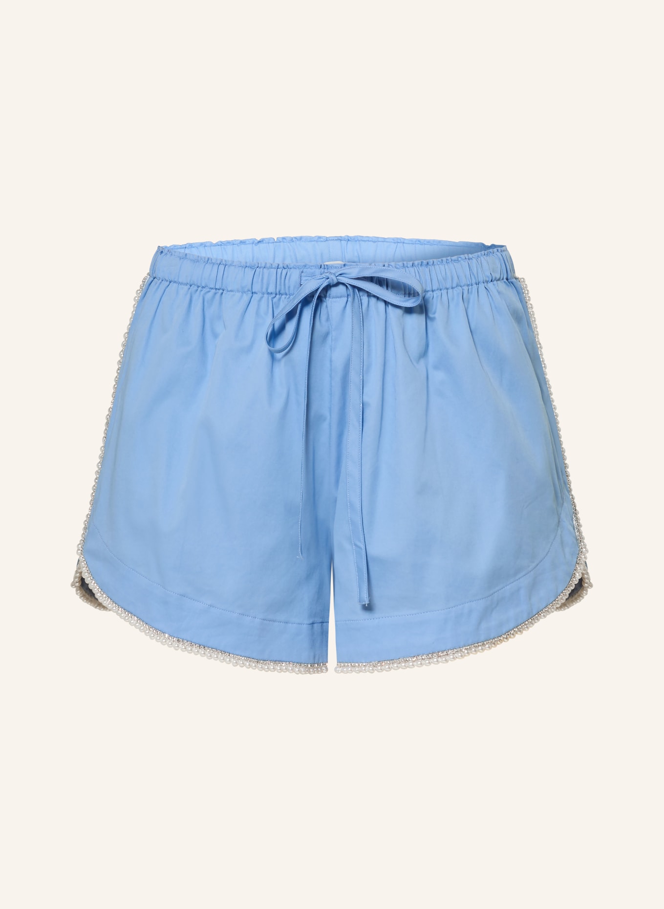 SANDRO Shorts mit Schmucksteinen und Schmuckperlen: HELLBLAU