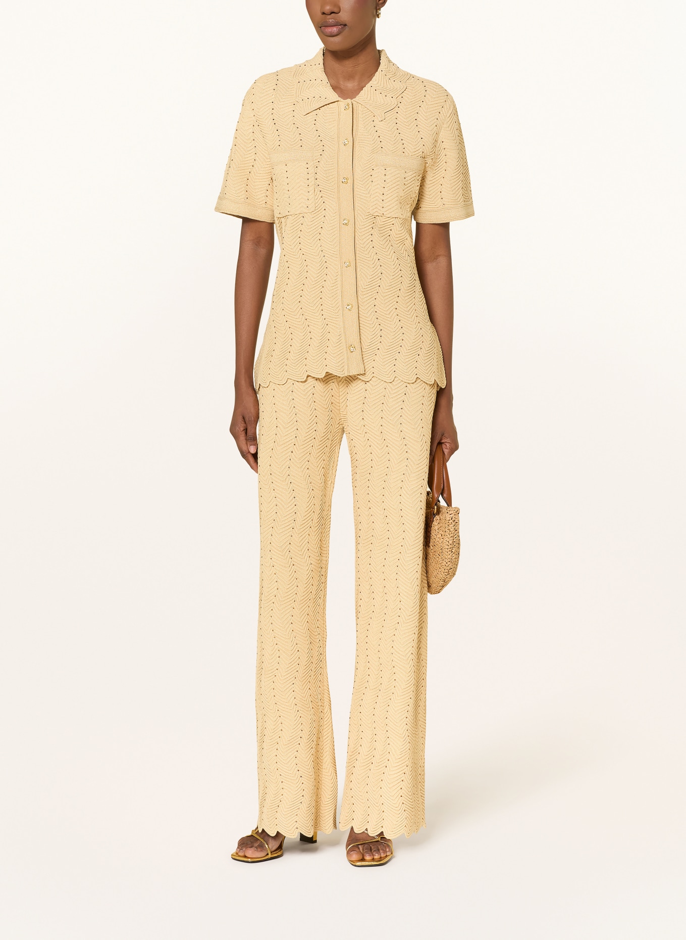 SANDRO Bluzka z dzianiny z błyszczącą przędzą i kamieniami ozdobnymi: ZŁOTY