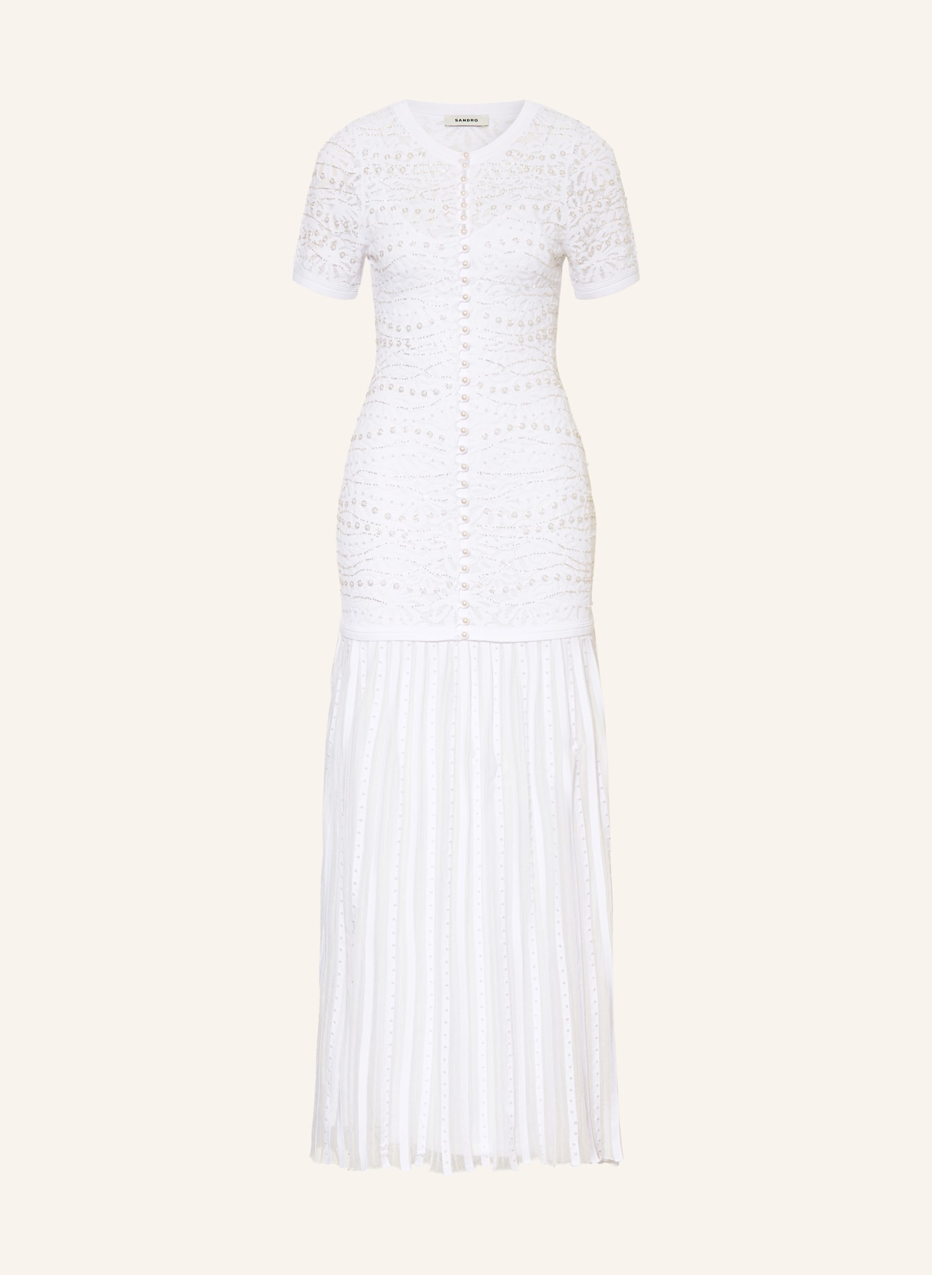SANDRO Sukienka z koronką i ozdobnymi perełkami: BIAŁY