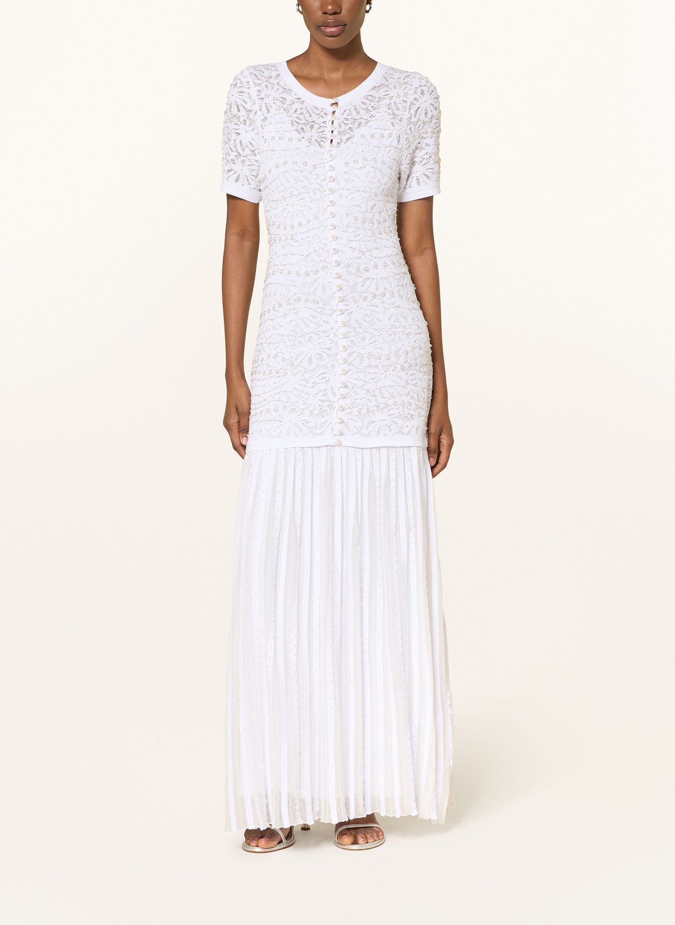 SANDRO Sukienka z koronką i ozdobnymi perełkami: BIAŁY