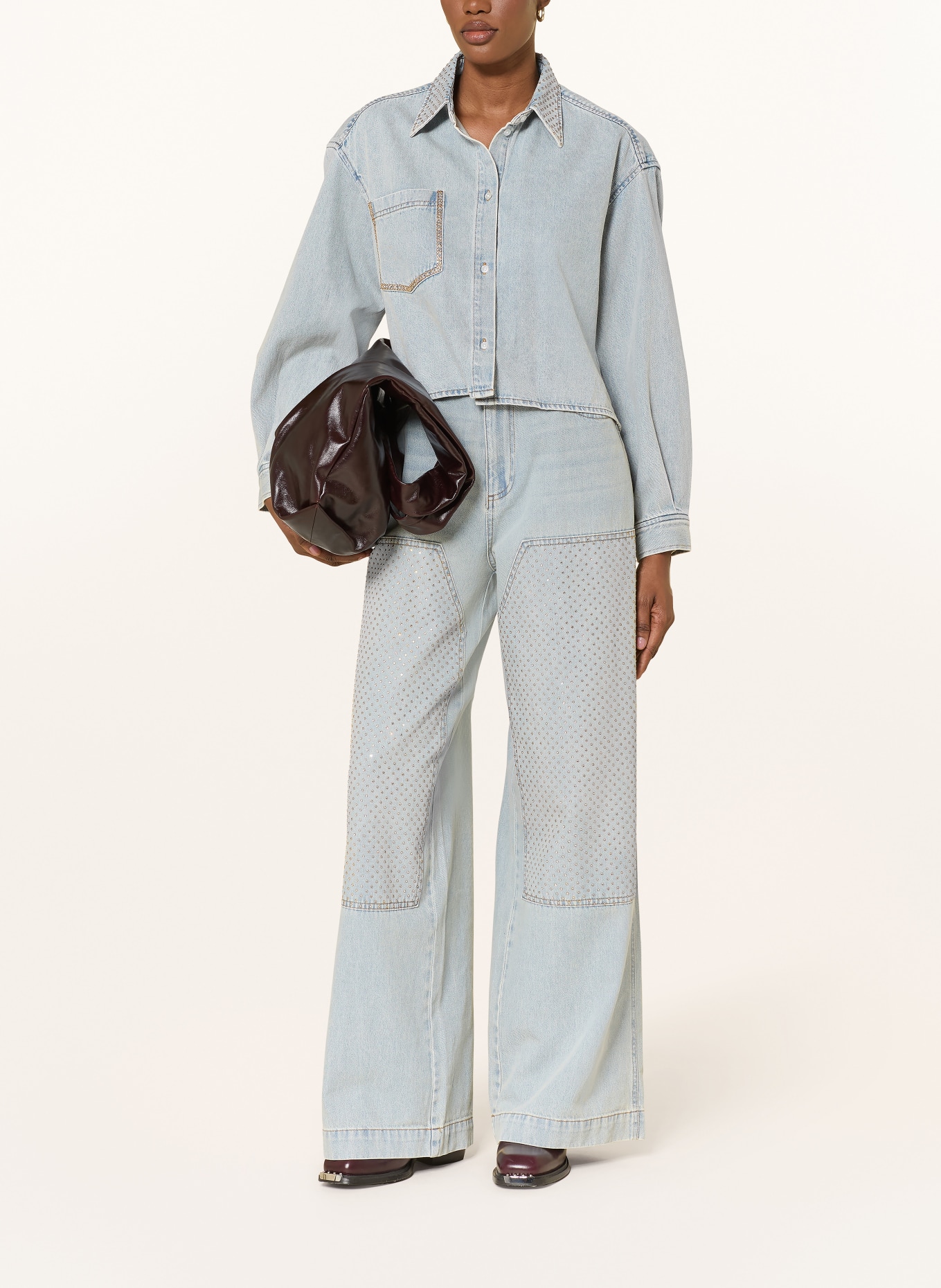 SANDRO Wide Leg Jeans mit Schmucksteinen: J002 LIGHT BLUE JEAN