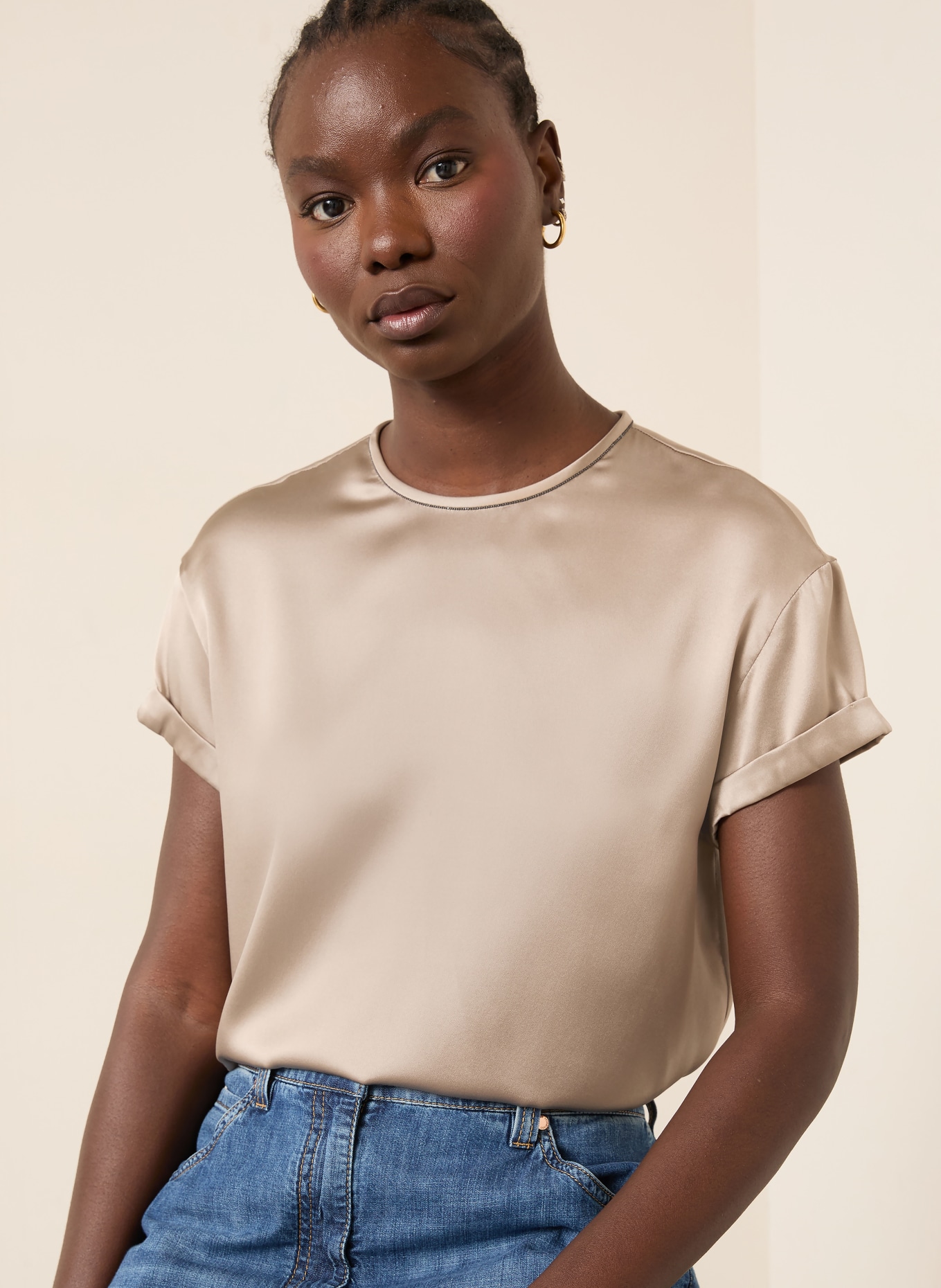 BRUNELLO CUCINELLI Bluzka z jedwabiu z ozdobnymi kamykami: JASNOBRĄZOWY