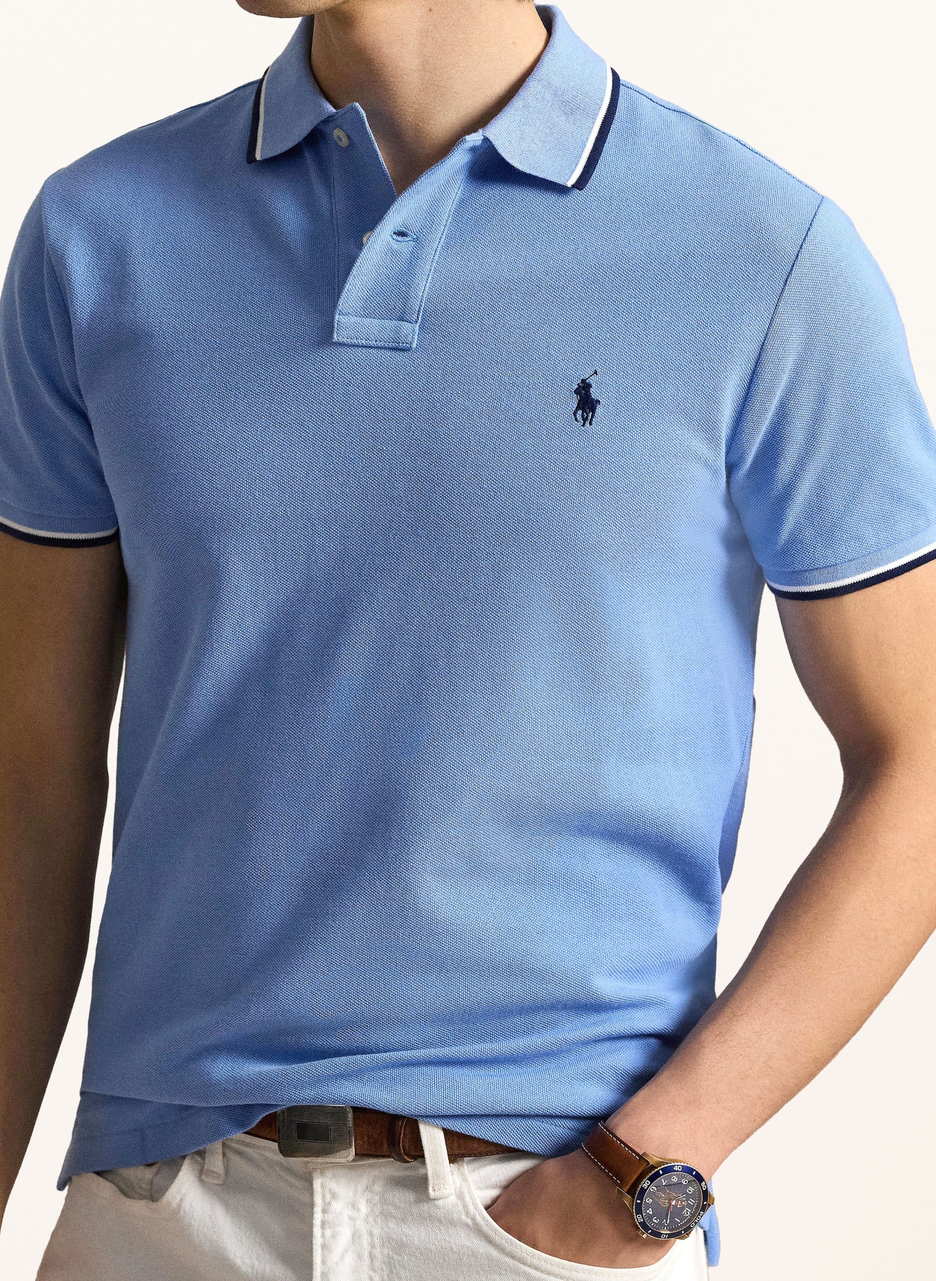 POLO RALPH LAUREN Piqué-Poloshirt Custom Slim Fit: HELLBLAU / DUNKELBLAU / WEISS