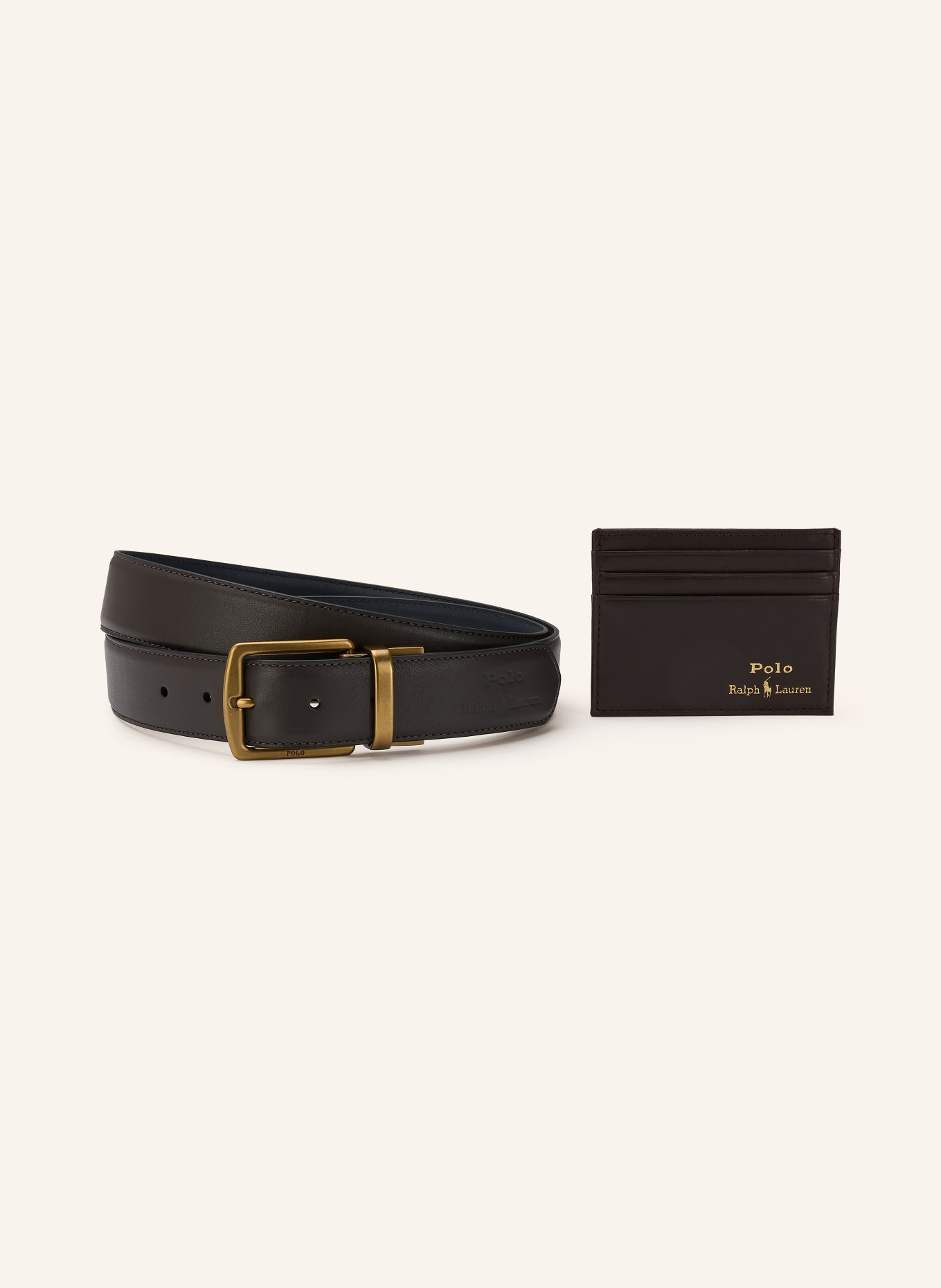 POLO RALPH LAUREN Set: Card case and leather belt: DARK BROWN