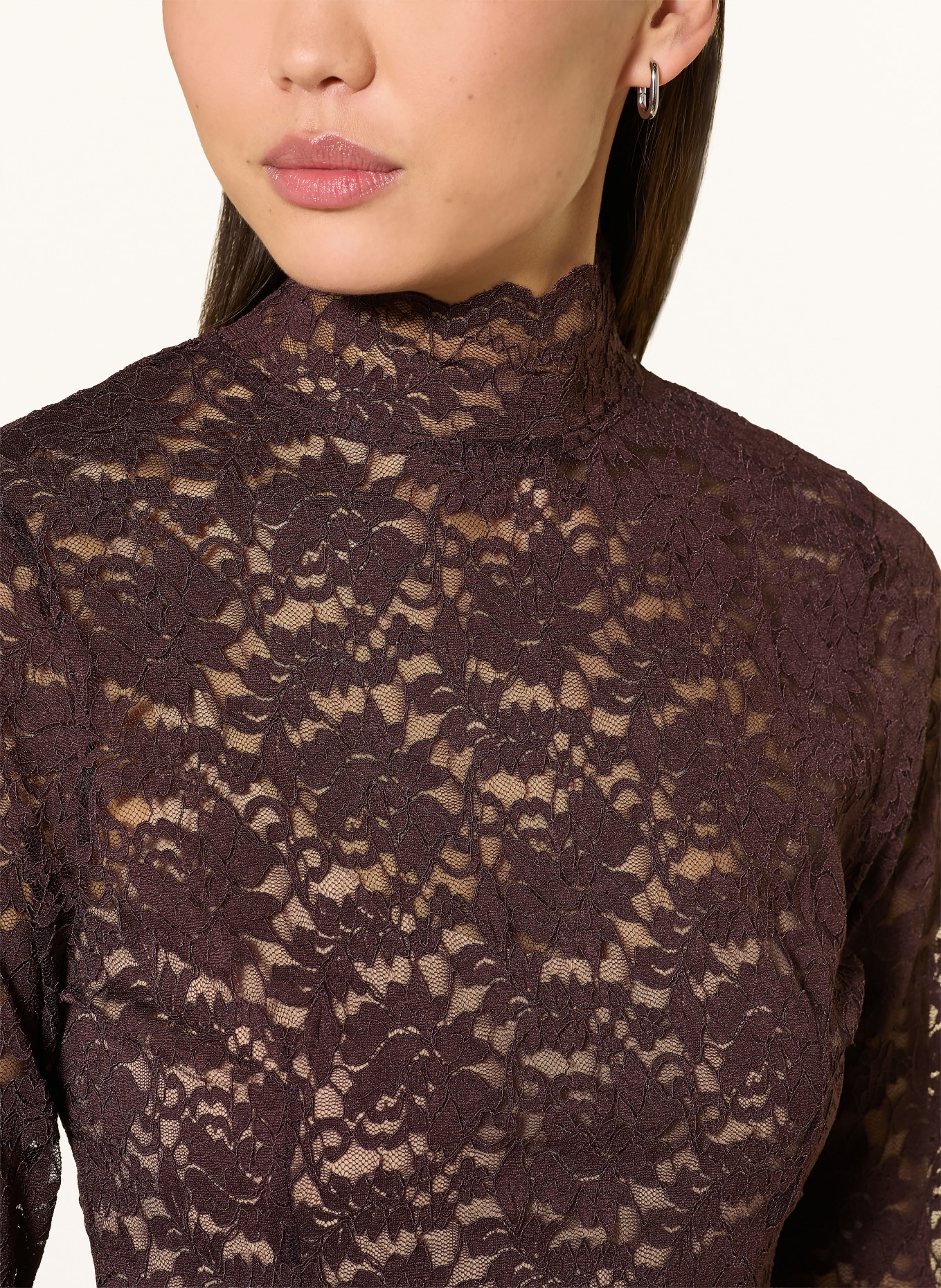 NEO NOIR Long sleeve shirt LIZA made of lace: DARK BROWN