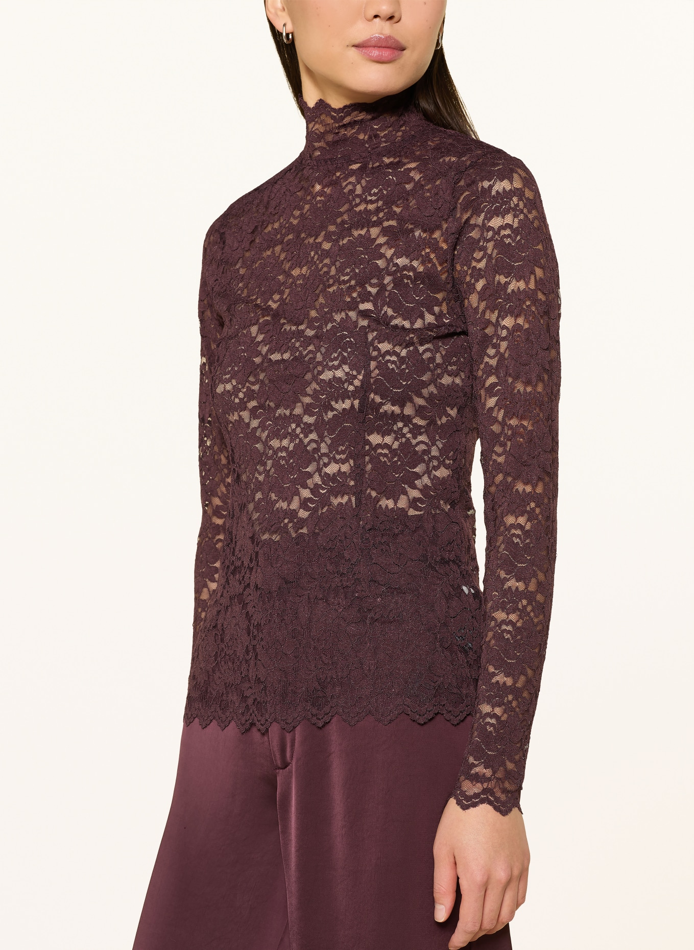 NEO NOIR Long sleeve shirt LIZA made of lace: DARK BROWN