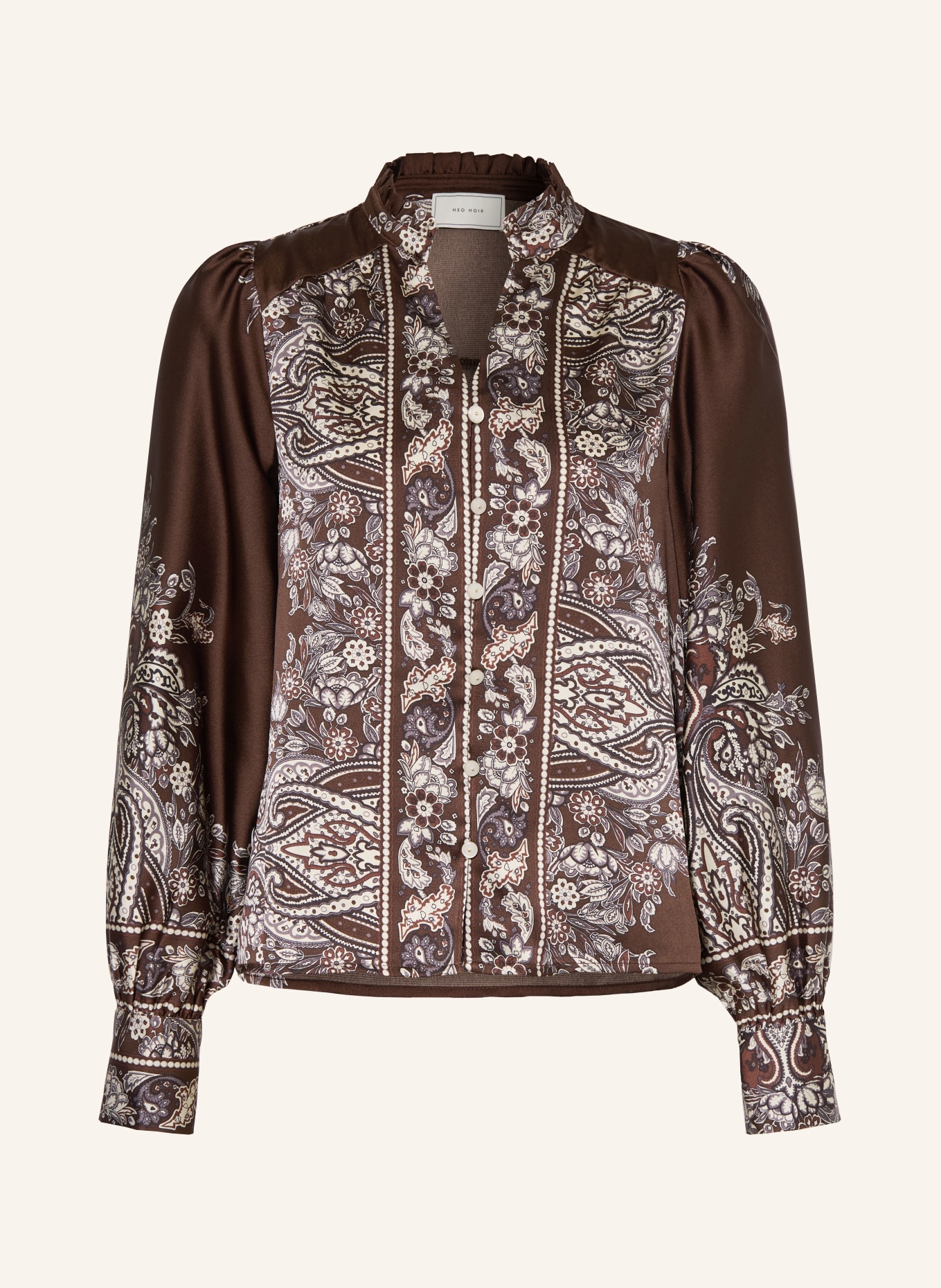 NEO NOIR Satin blouse MASSIMA with ruffles: DARK BROWN / CREAM
