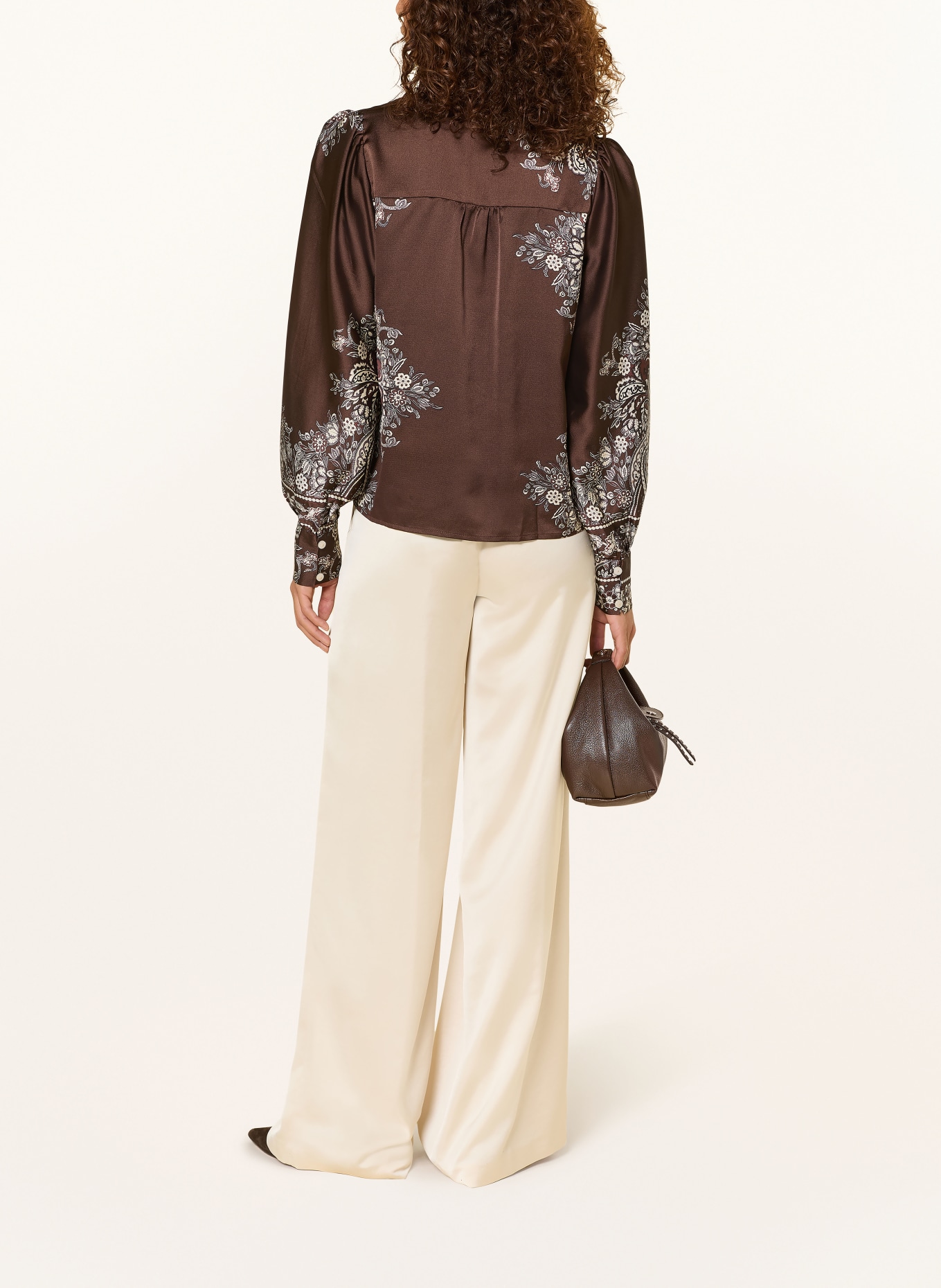 NEO NOIR Satin blouse MASSIMA with ruffles: DARK BROWN / CREAM
