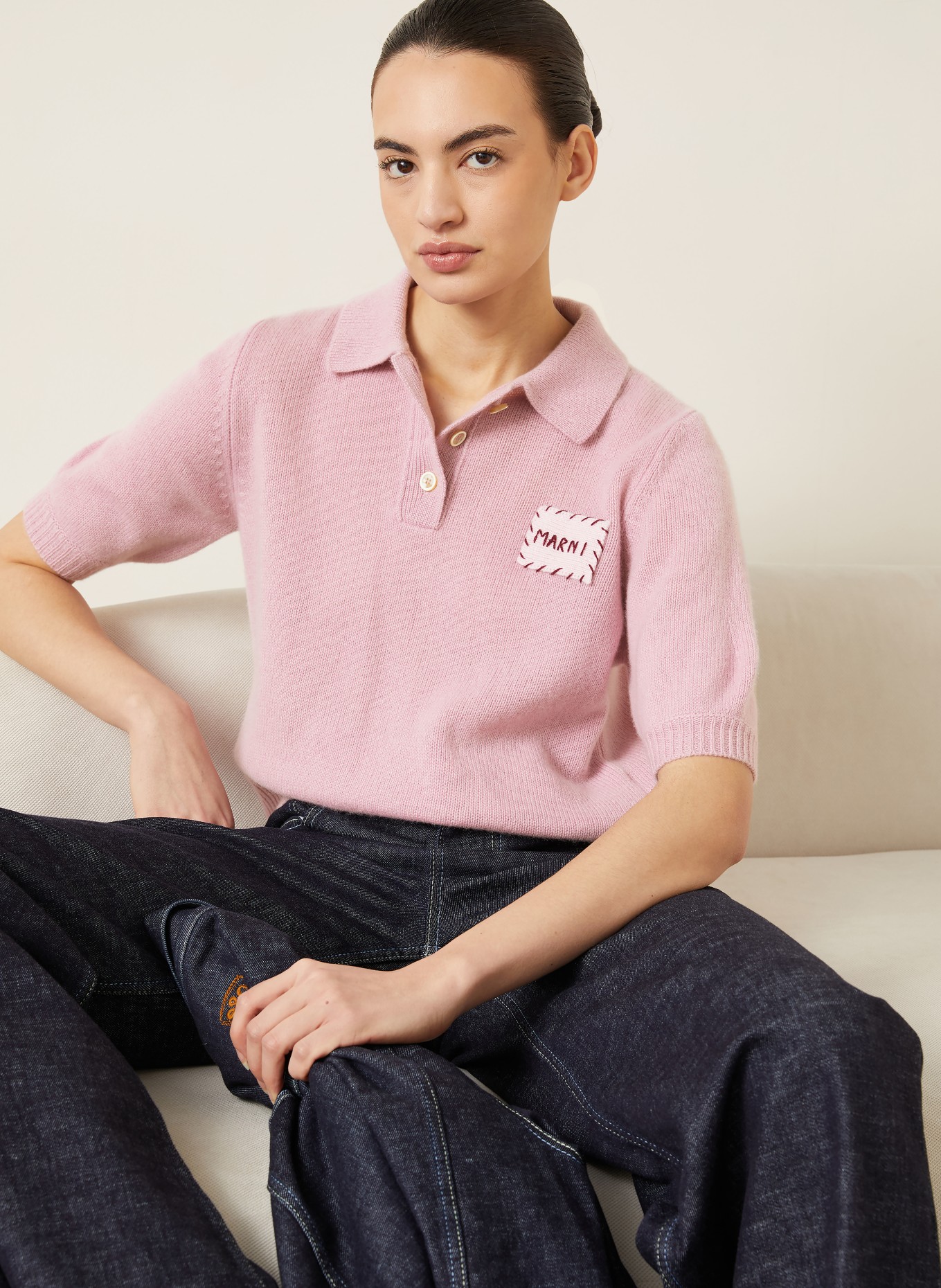 MARNI Strick-Poloshirt aus Cashmere: HELLLILA / DUNKELROT