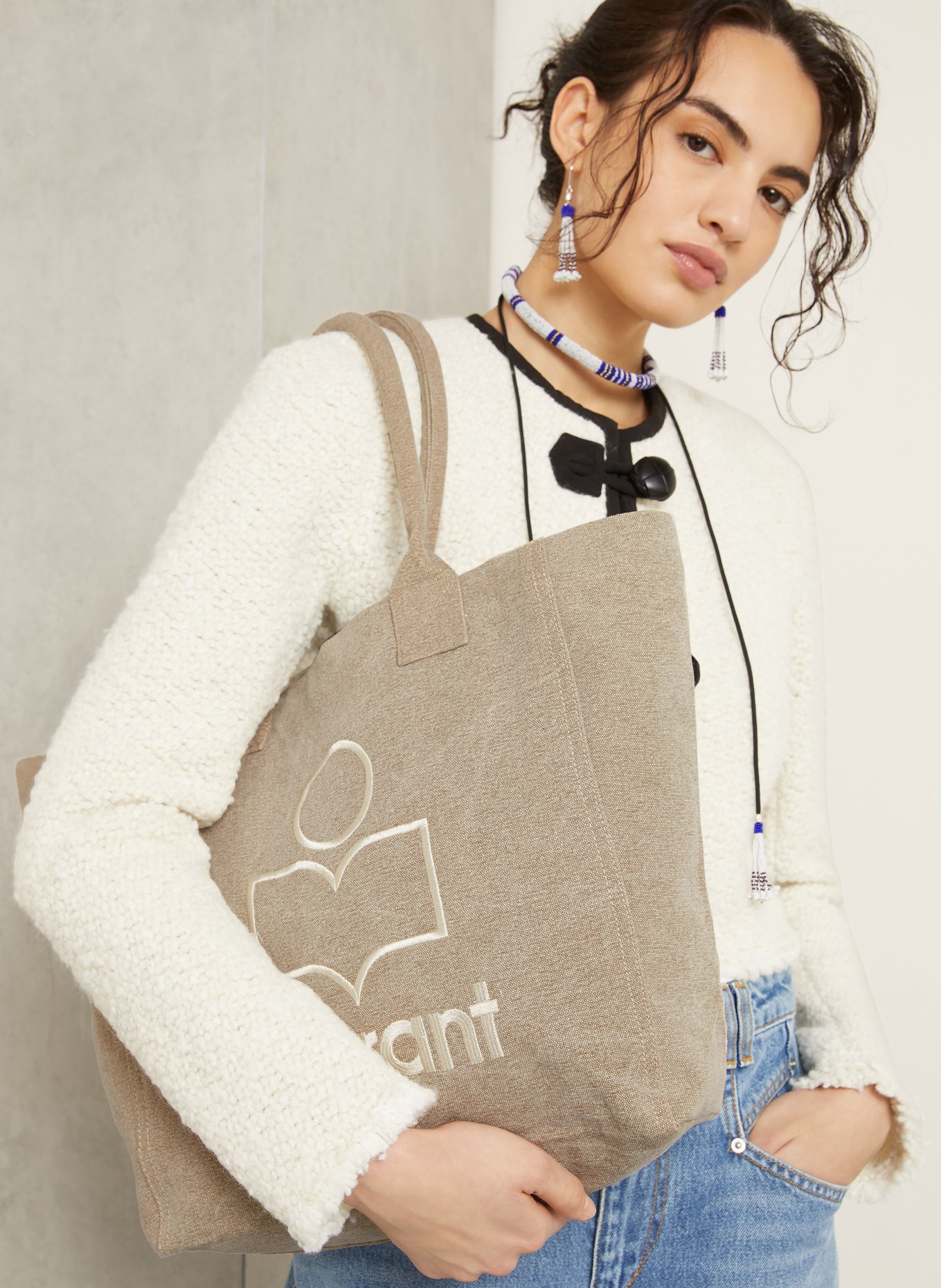 ISABEL MARANT Shopper YENKY SMALL: BEIGE / WHITE