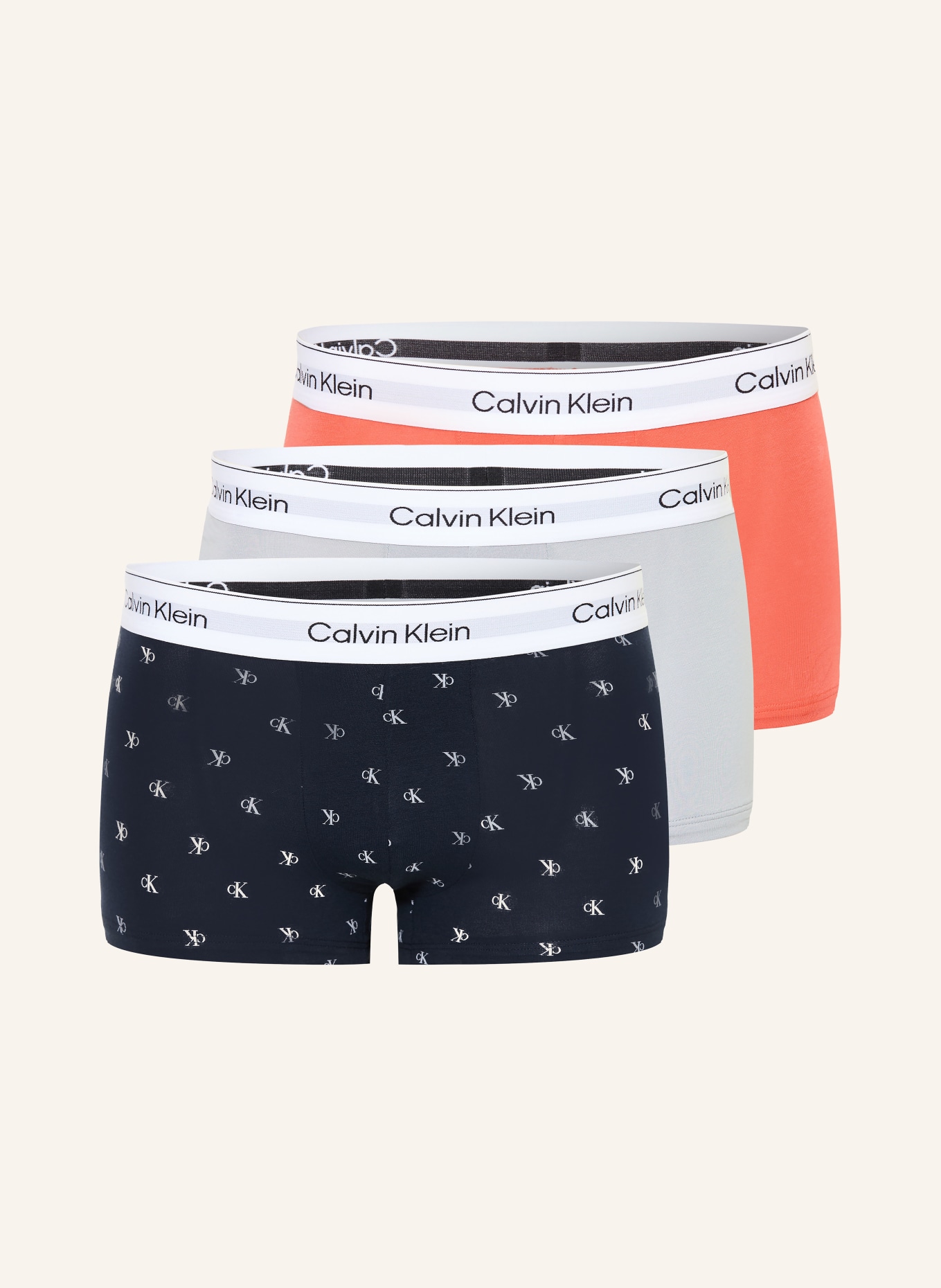 Calvin Klein 3er-Pack Boxershorts ICON COTTON STRETCH Low Rise: DUNKELBLAU / BLAUGRAU / HELLROT