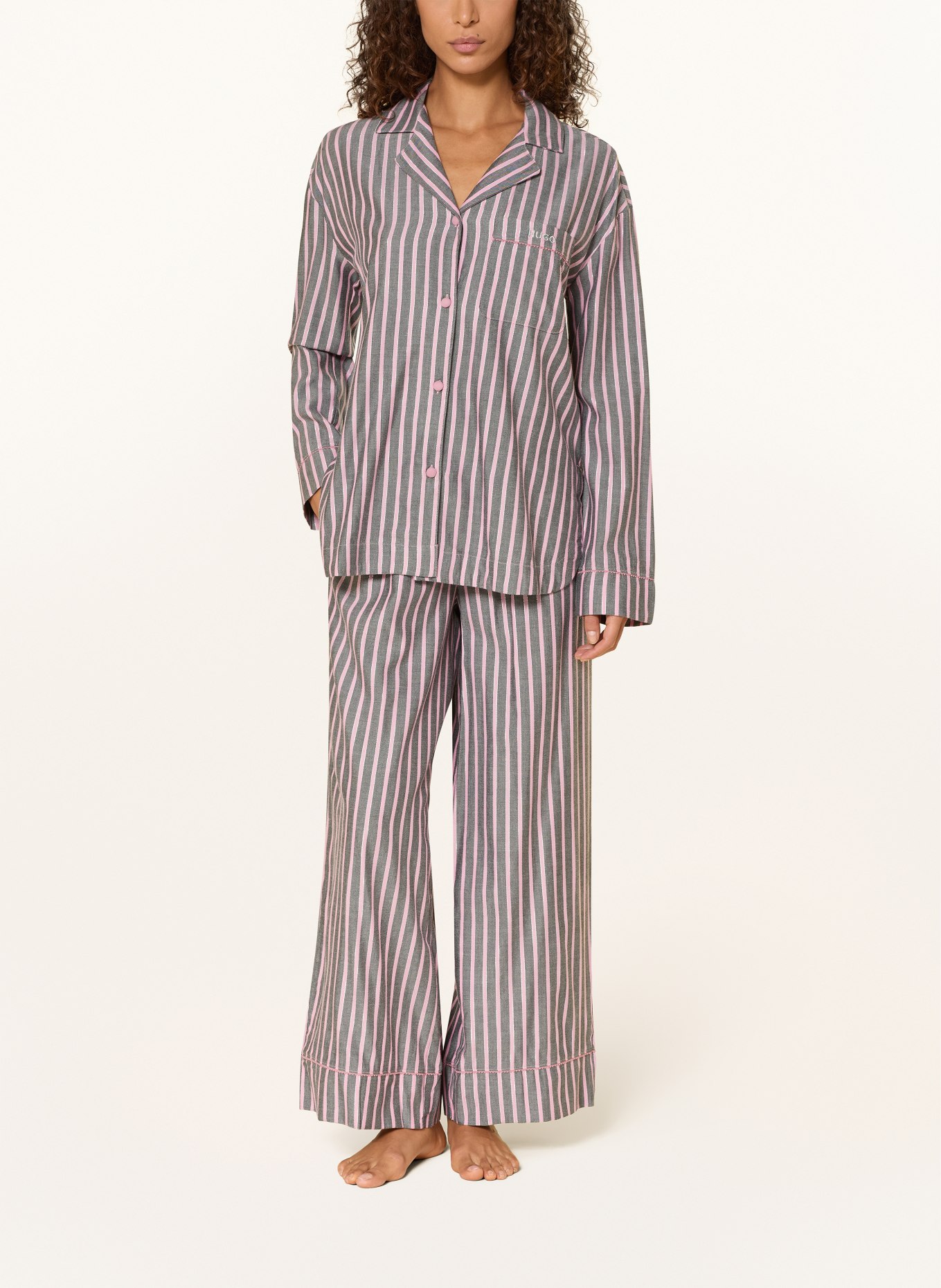 HUGO Pyžamo FLANNEL SET: ŠEDÁ / STŘÍBRNÁ / STARORŮŽOVÁ