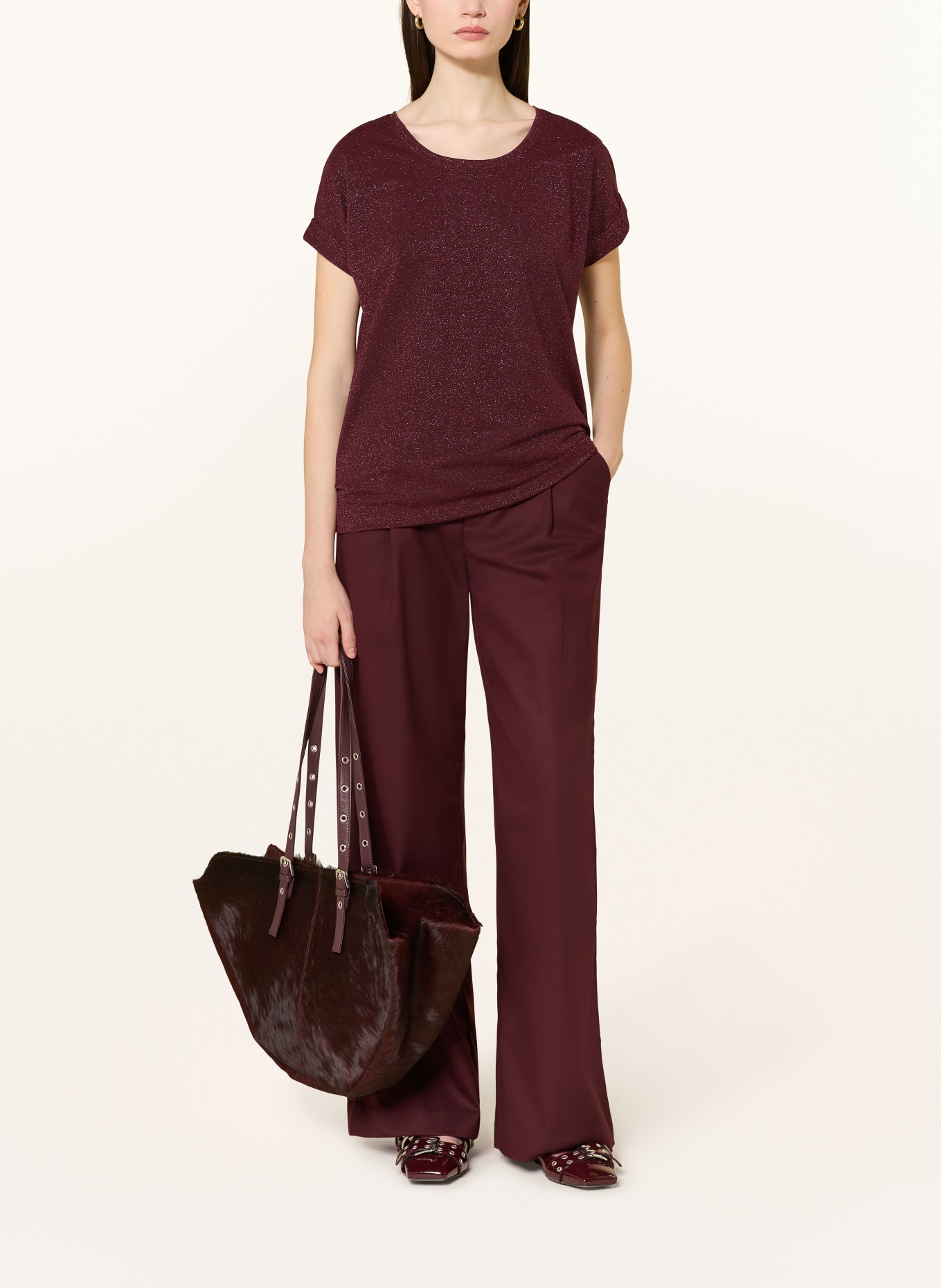 ONLY T-Shirt mit Glitzergarn: DUNKELROT