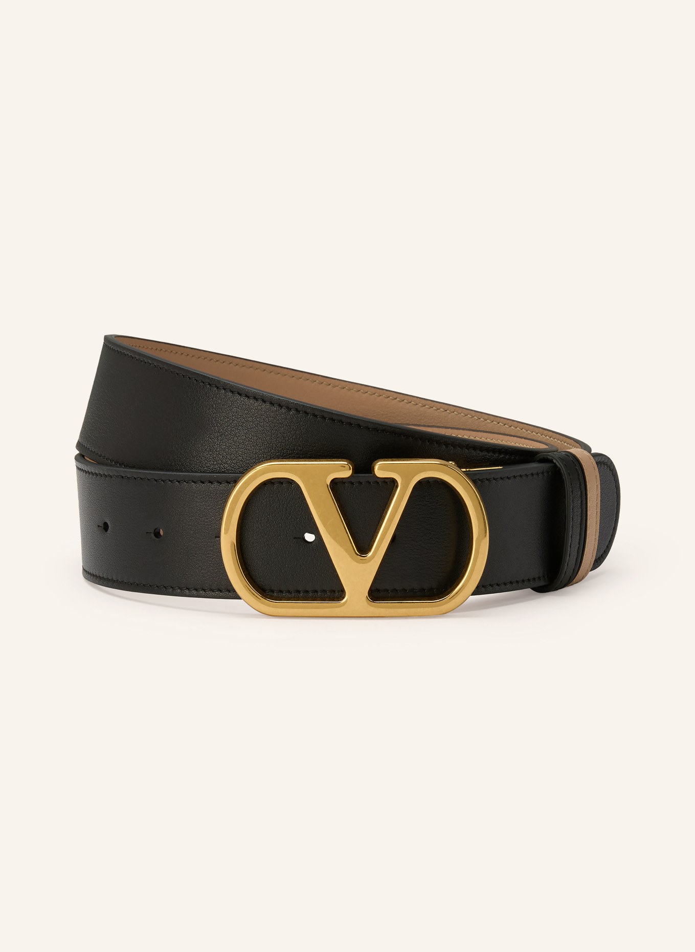 VALENTINO GARAVANI Lederen riem VLOGO SIGNATURE omkeerbaar: ZWART / GOUD / BEIGE