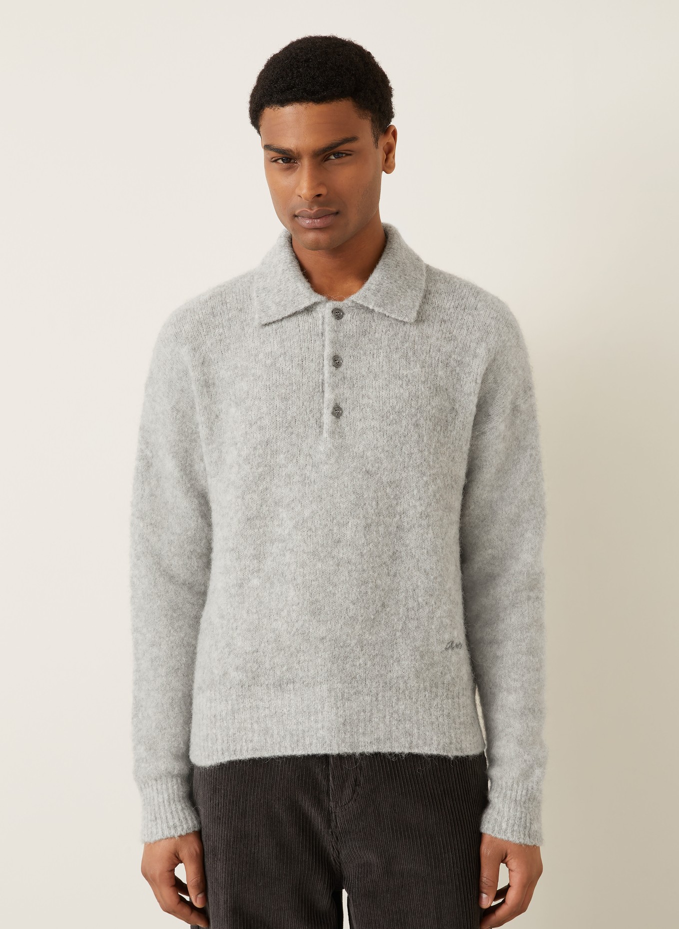 AMI PARIS Strick-Poloshirt mit Alpaka: HELLGRAU