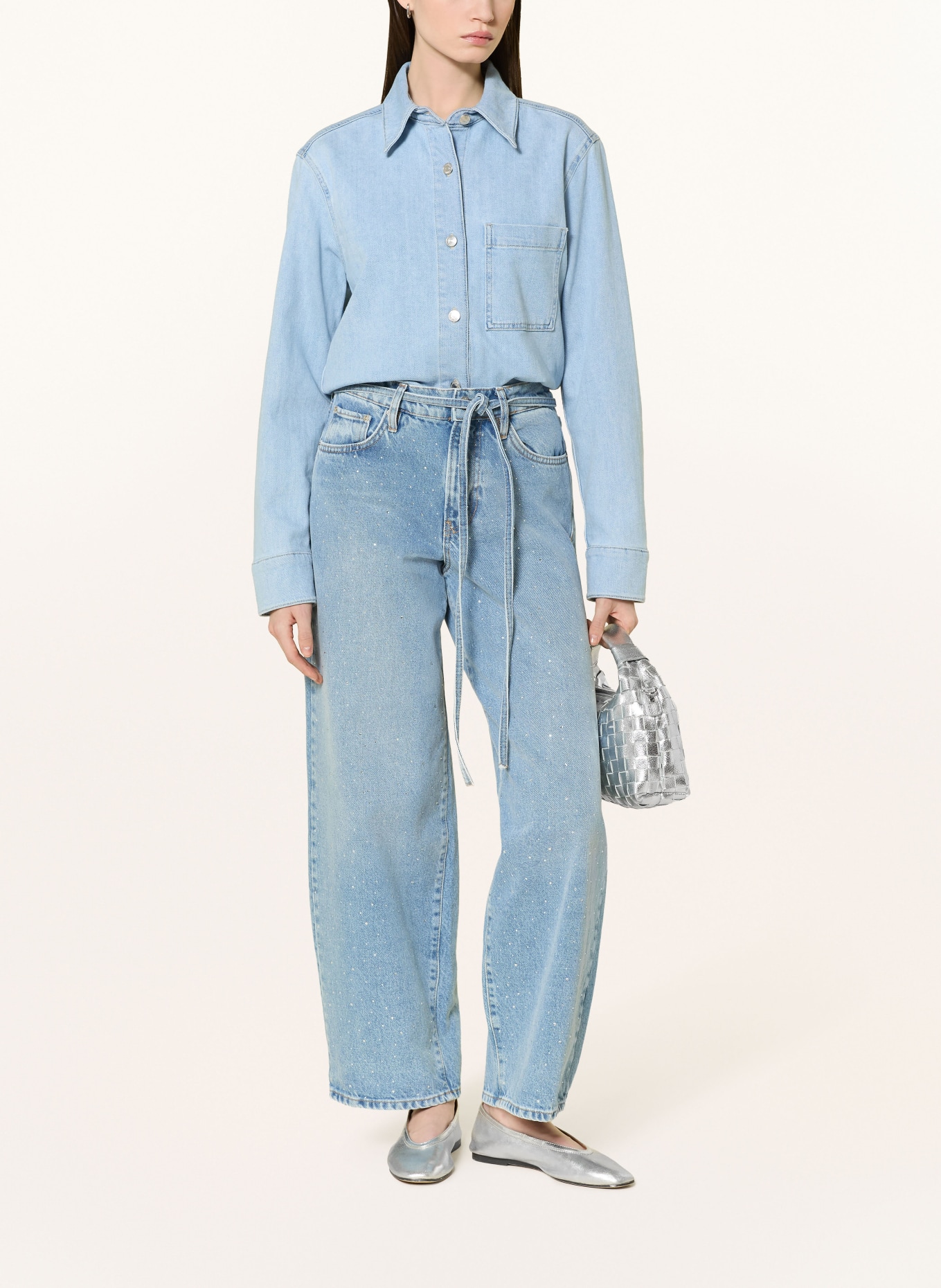 ONLY Wide Leg Jeans mit Schmucksteinen: Light Blue Denim/RHINESTONES