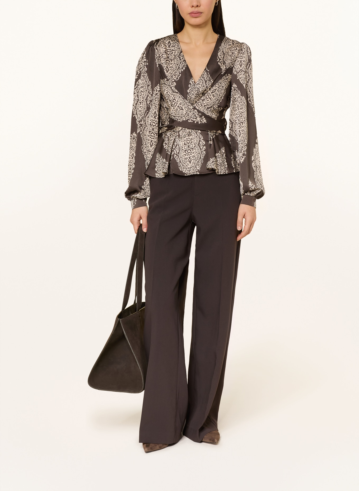 NEO NOIR RISTA blouse top in satin wrap look: DARK BROWN / LIGHT BROWN