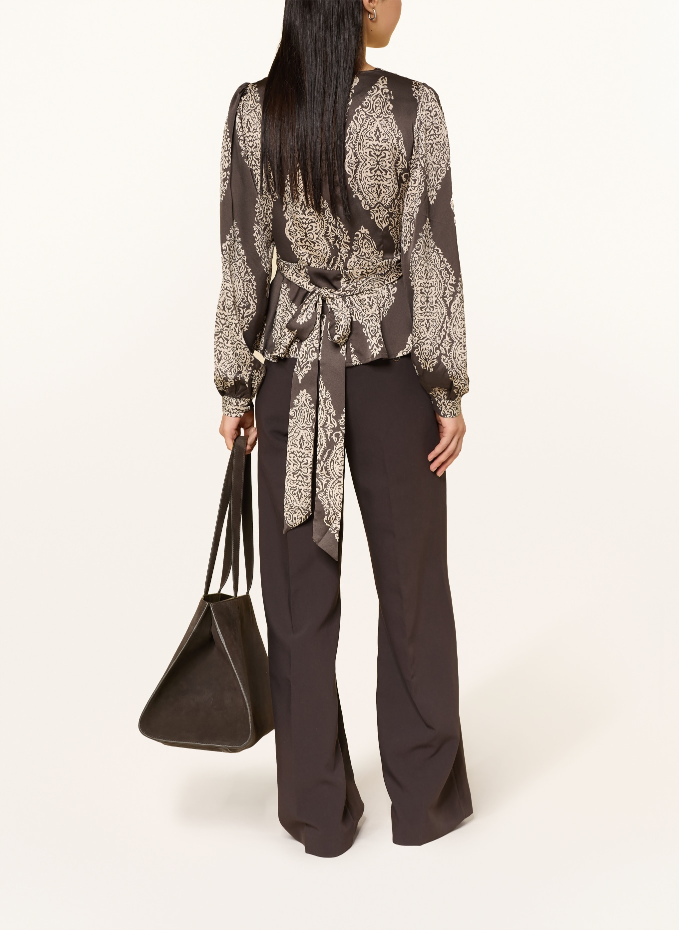 NEO NOIR RISTA blouse top in satin wrap look: DARK BROWN / LIGHT BROWN