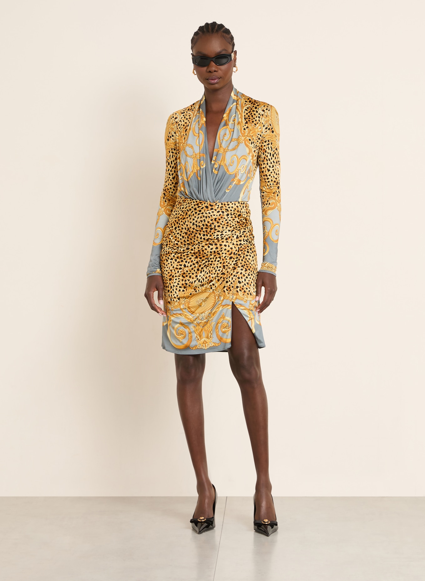 VERSACE Jerseyrock: DUNKELGELB / GRAU / SCHWARZ